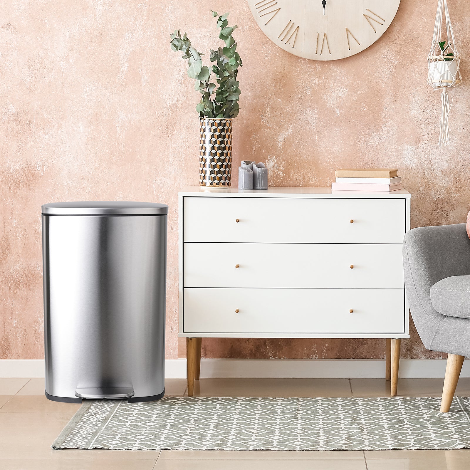 TLSUNNY 8/13.2 Gallon Step Trash Can, Stainless Steel Garbage Bin, Soft-Close Rubbish Bin with Removable Plastic Inner Bucket, Fingerprint-Proof, Lid Dustbin, Suit for Kitchen Home