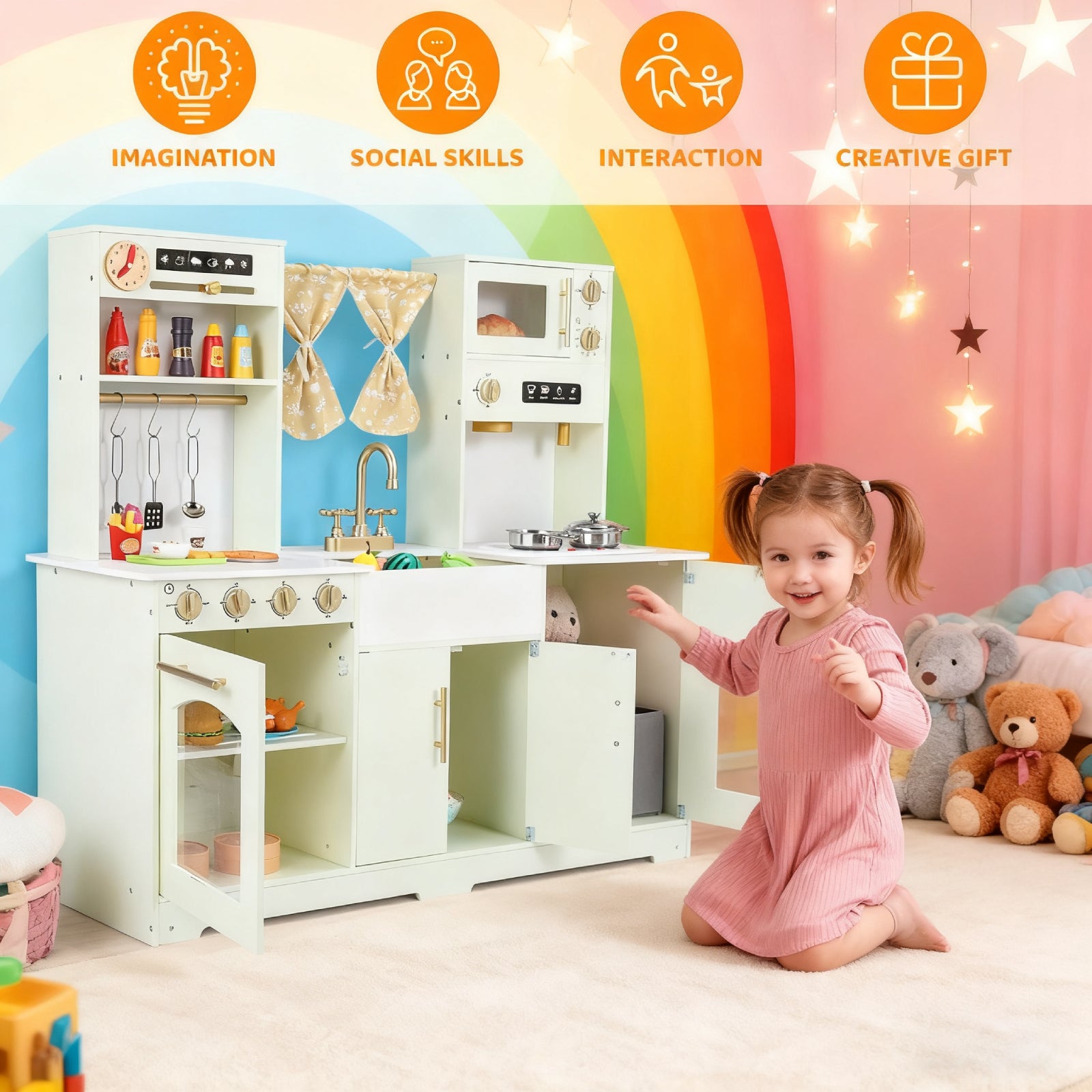 TLSUNNY Kids Play Kitchen with Realistic Lights & Sounds, Wooden Toy Pretend Play Kitchen Set w/ Sink, Faucet, Microwave, Curtain for Ages 3+