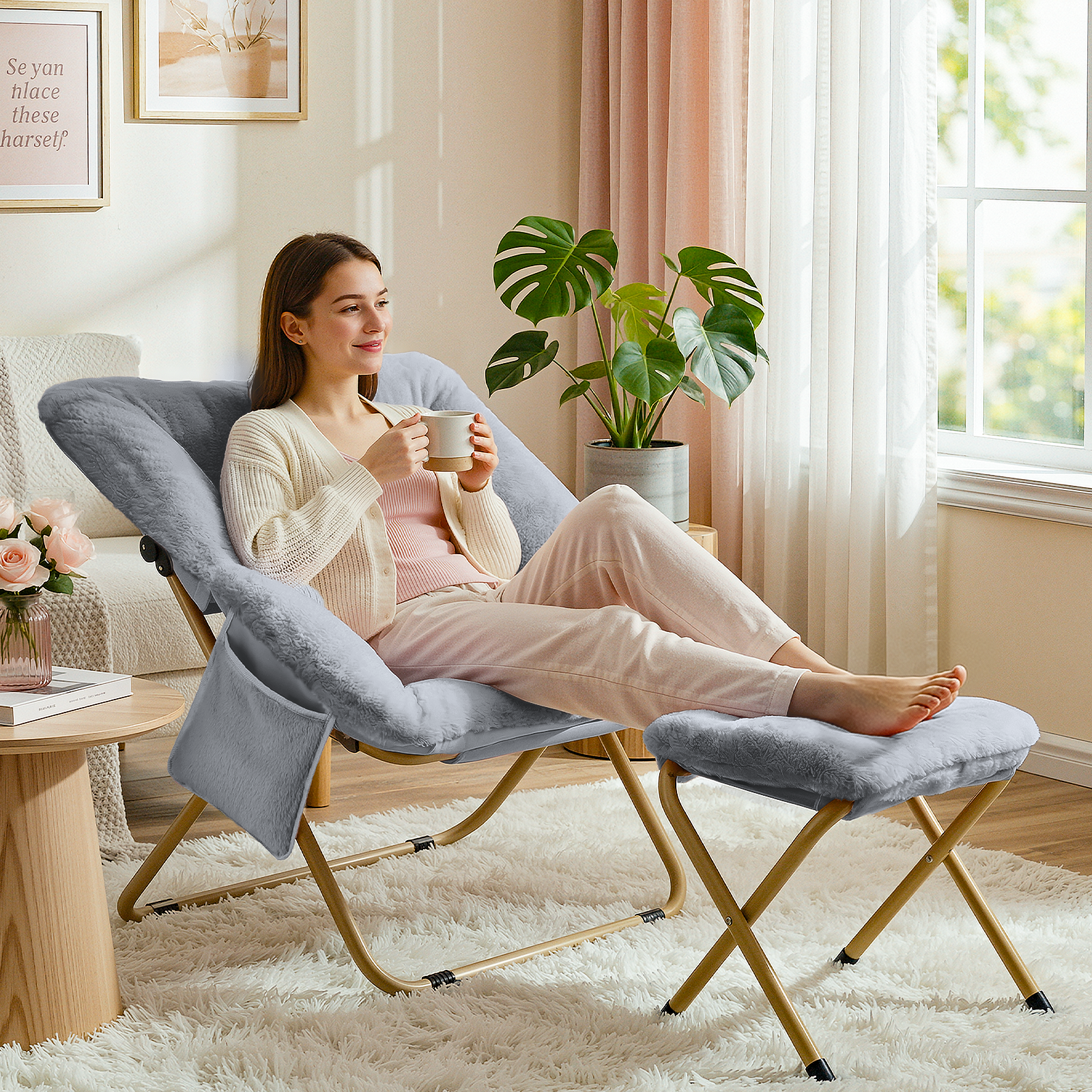 TLSUNNY Foldable Lazy Chair/Foldable Saucer Chair with Ottoman, Comfy Saucer Chair, Soft Faux Fur Reading Lounge Chair, for Living Room, Bedroom, Dorms, Teens Adults