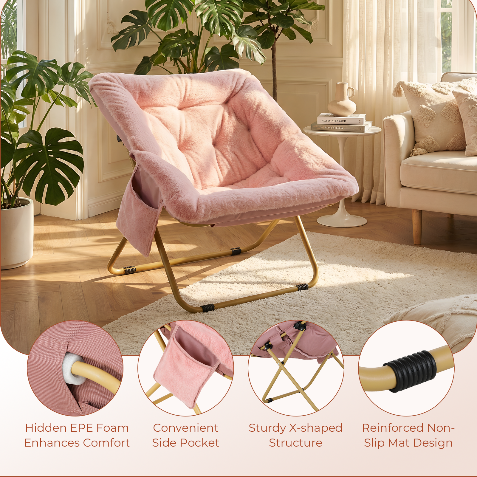TLSUNNY Foldable Lazy Chair/Foldable Saucer Chair with Ottoman, Comfy Saucer Chair, Soft Faux Fur Reading Lounge Chair, for Living Room, Bedroom, Dorms, Teens Adults