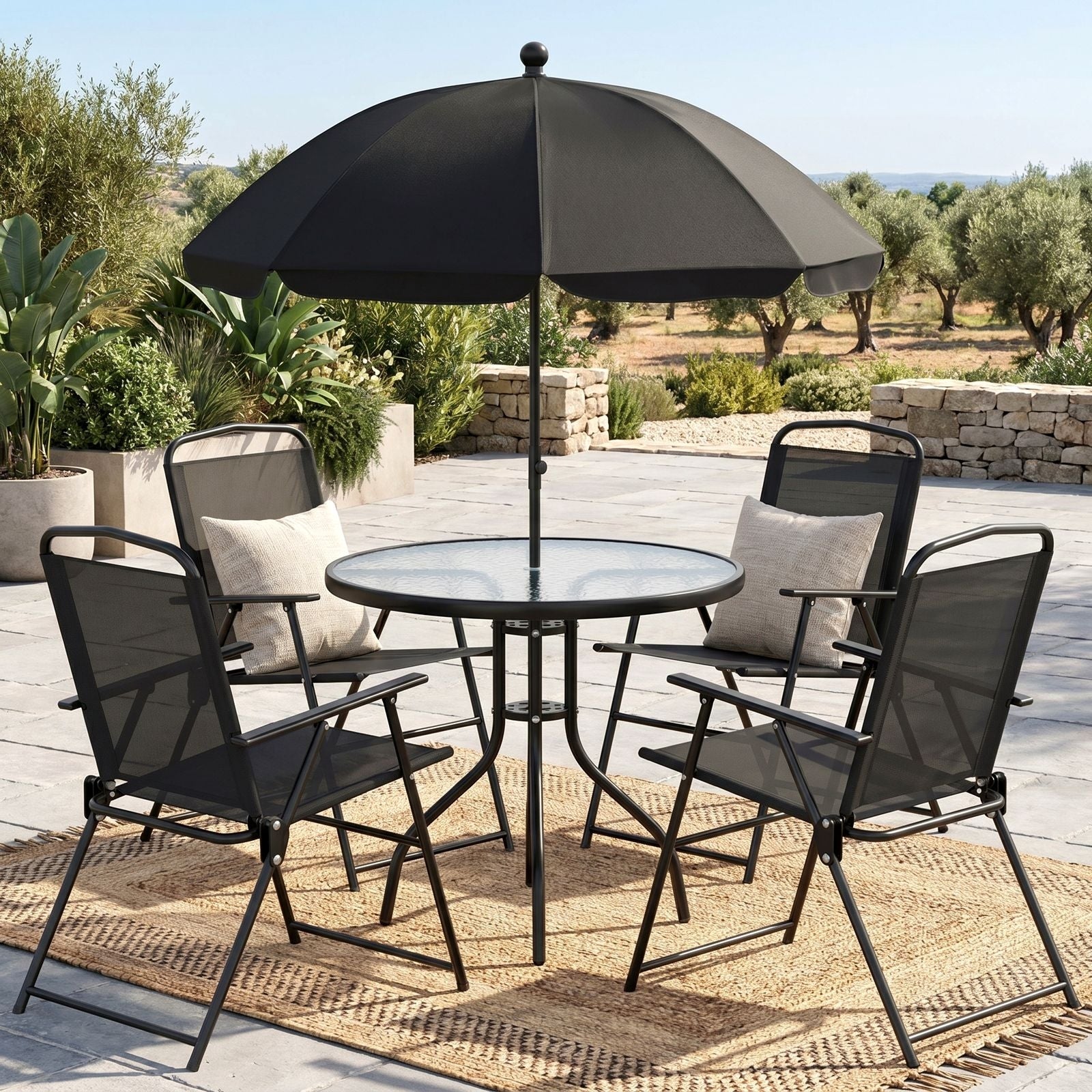 TLSUNNY Patio Dining Set, Folding Chairs and Round Table W/ Umbrella Hole Outdoor Dining Furniture for Bistro, Garden, Backyard, Deck