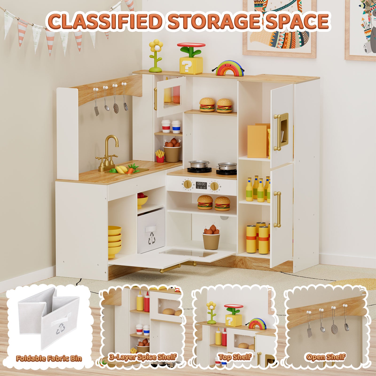 TLSUNNY Corner Play Kitchen with Lights & Sounds, Sink, Fridge, Microwave & Storage, Wooden Toddler Toy for Ages 3+