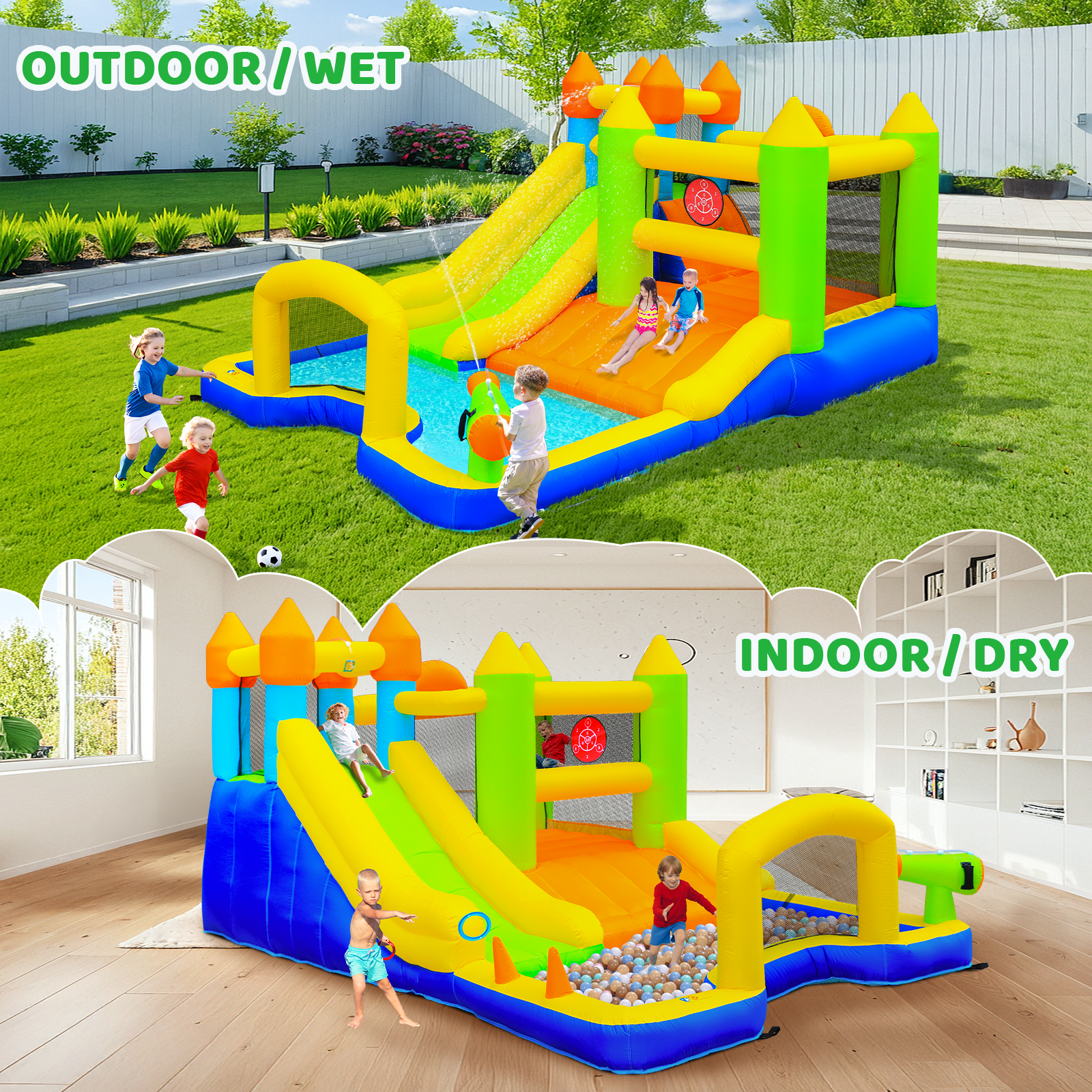 TLSUNNY Bounce House with Slide, 9 in 1 Inflatable Water Slides for Kids Backyard, w/Climbing Wall, Splash Pool, Soccer Goal, Water Cannon, Bouncy Castle w/Air Blower