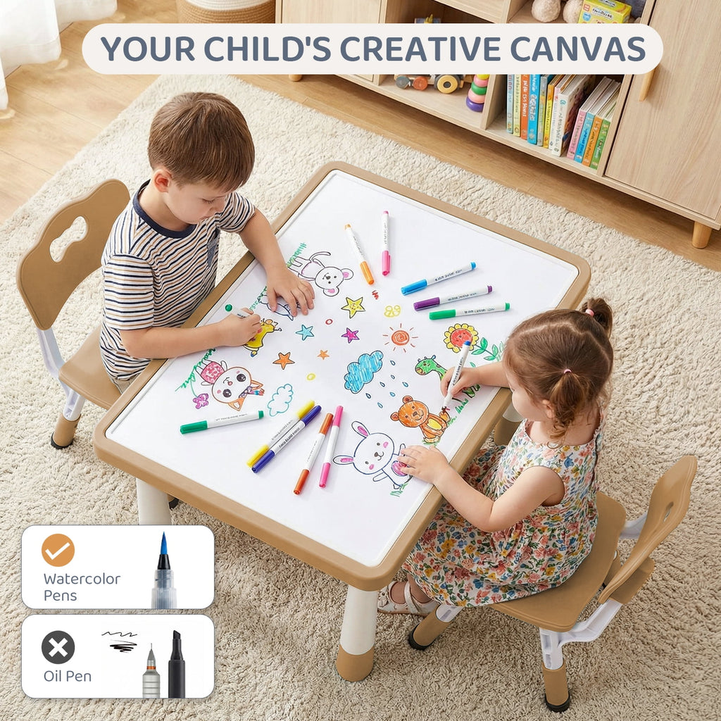 TLSUNNY Kids Table and 2 Chairs Set, W/ Double-Sided Graffiti/Building Blocks Activity Tabletop and 2 Drawers for Drawing/Playing/Reading, for Toddlers