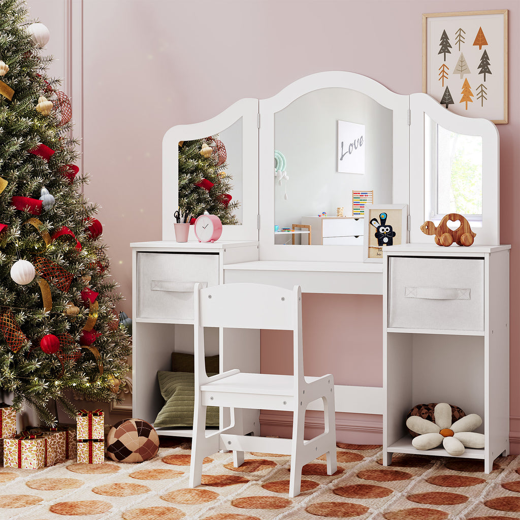 TLSUNNY Kids Vanity Set, Toddler Princess Makeup Desk & Stool Set w/ Tri-Fold Mirror Storage Drawers, for Girls