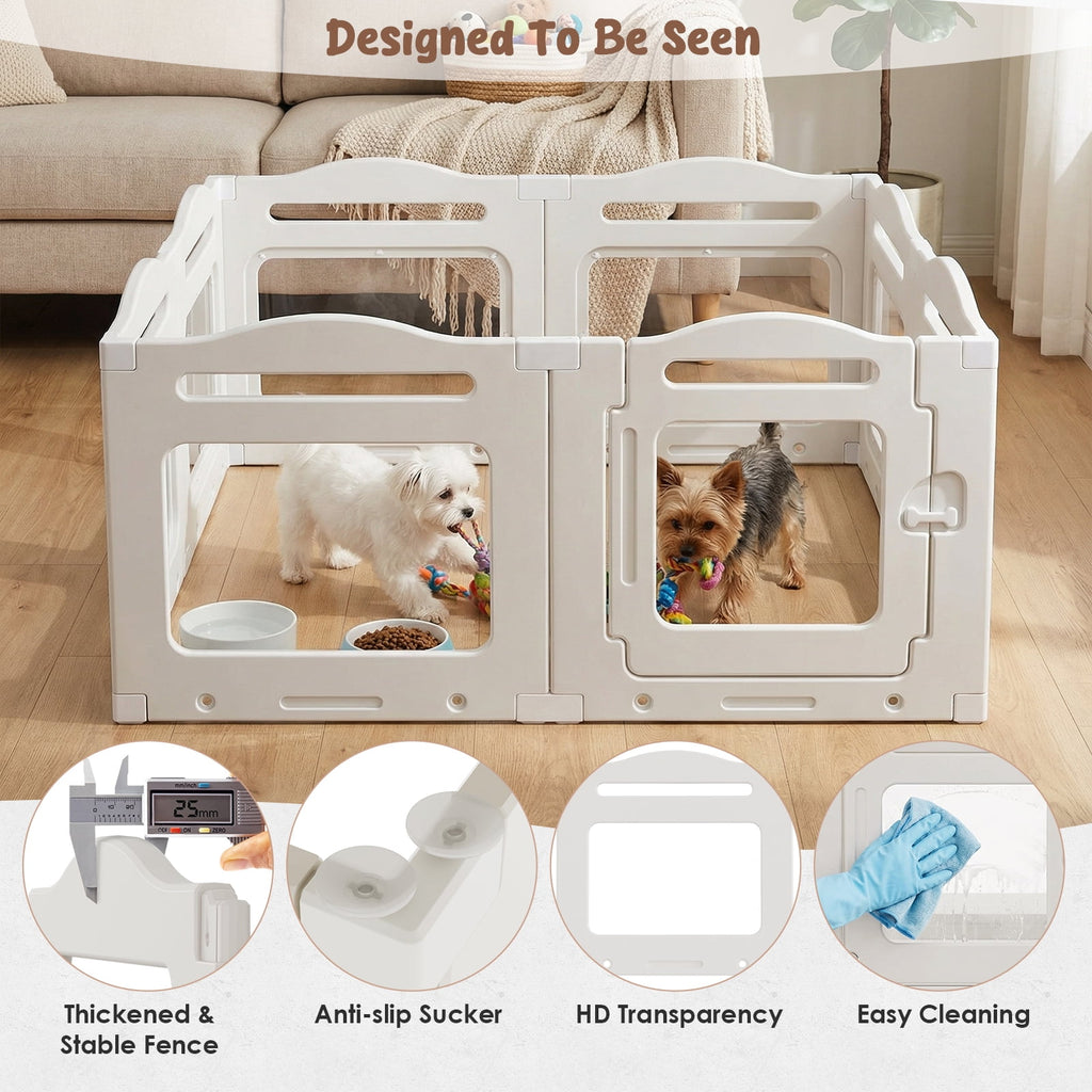TLSUNNY Clear Acrylic Dog Playpen with Secure Locking Door, 23.6" Puppy Playpen Indoor , Plastic Pet Fence for Medium/Small Dogs (8 Panels)