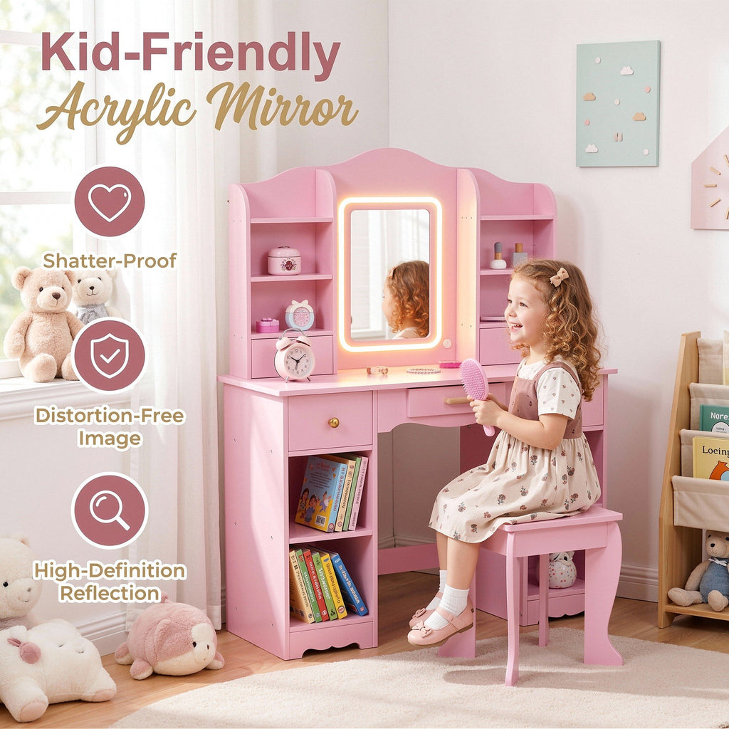 TLSUNNY Kids Vanity and Stool Set with Mirror & Adjustable Lights, Wooden Pretend Play Makeup Desk, Use for Study Desk