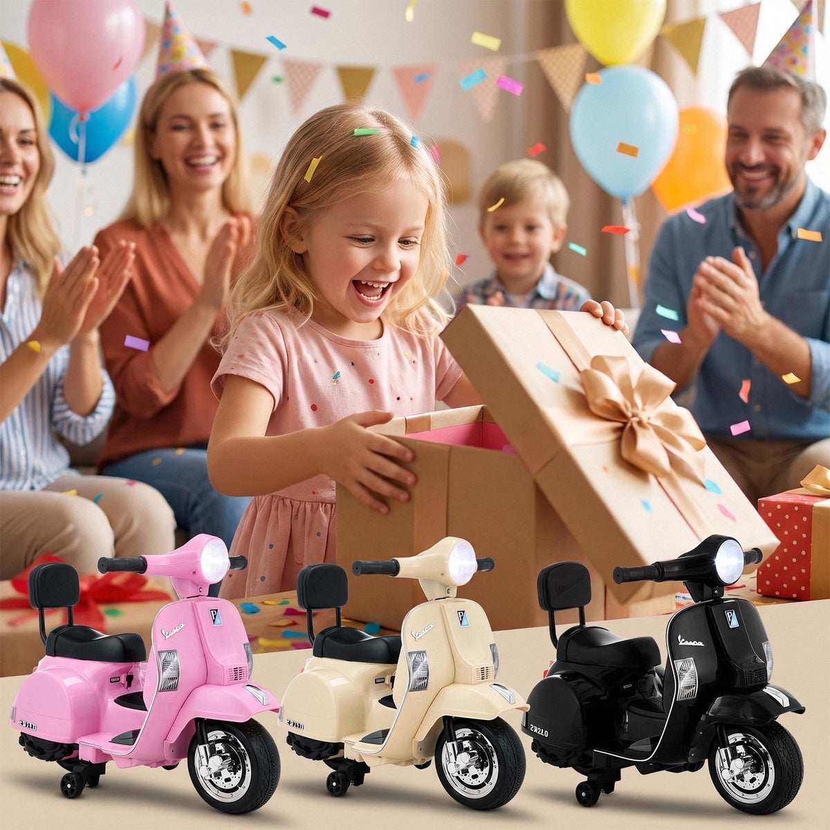 TLSUNNY Kids Licensed Vespa PX150 Electric Motorcycle, 6V Ride On Scooter W/ Training Wheels, Stable 4-Wheel Structure, Ideal Moped for Ages 3+