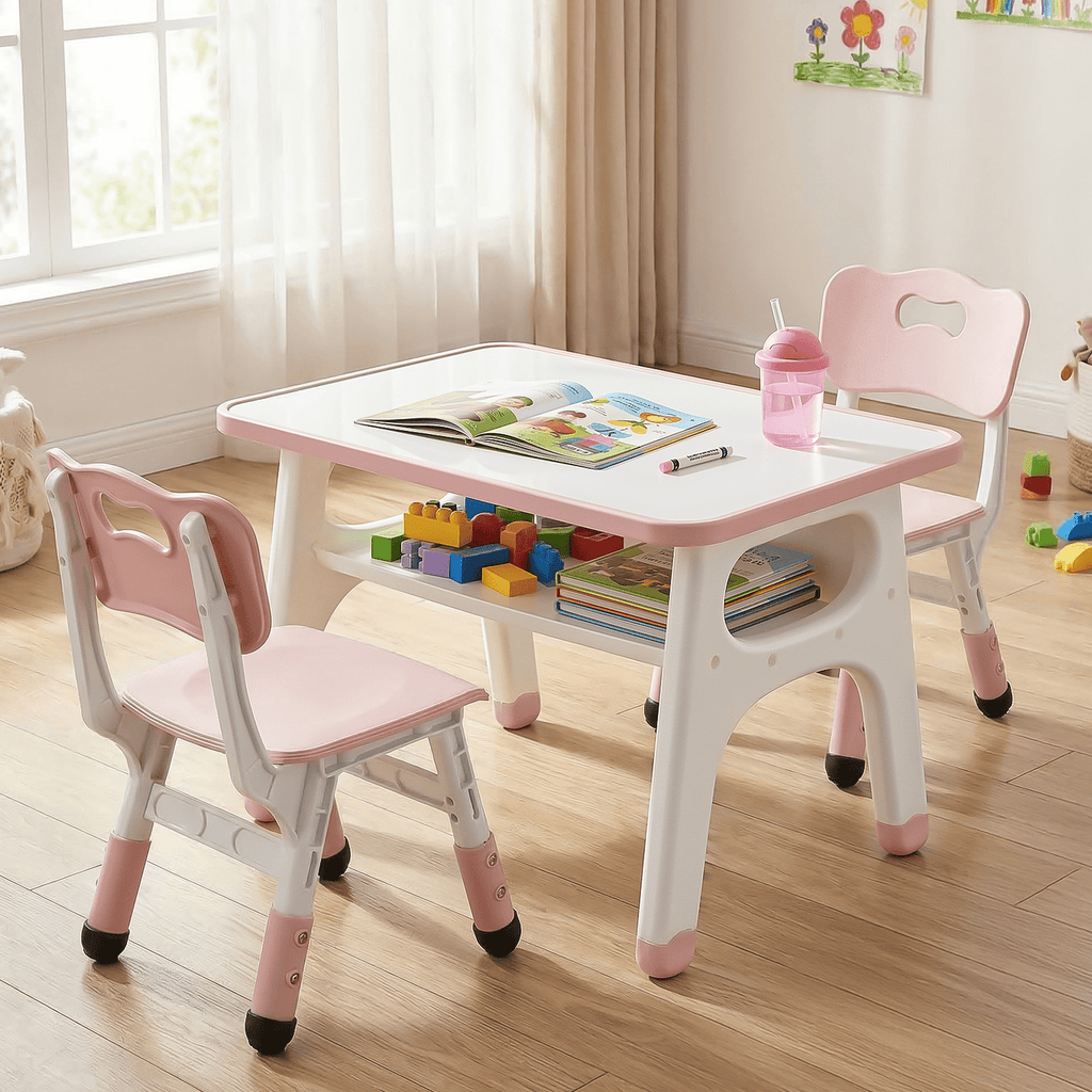 TLSUNNY Kids Table and 2 Chairs Set, Toddler Activity Table with Large Storage, Graffiti Desktop, Adjustable Height Chair with Anti-Slip Foot Covers, for Reading, Drawing, Snack Time