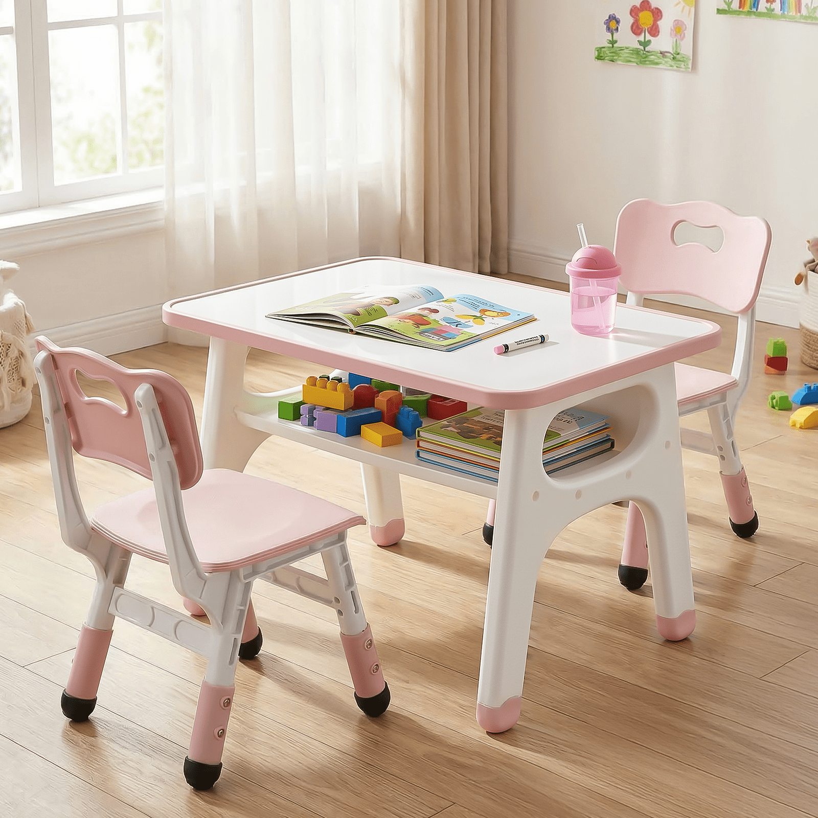 TLSUNNY Kids Table and 2 Chairs Set, Toddler Activity Table with Large Storage, Graffiti Desktop, Adjustable Height Chair with Anti-Slip Foot Covers, for Reading, Drawing, Snack Time