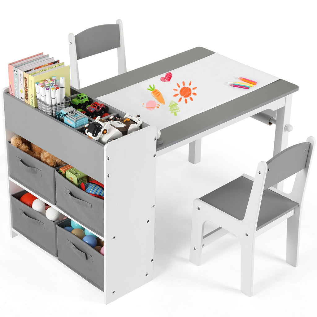 TLSUNNY Kids Art Table and 2 Chairs, Massive Storage, Toddler Craft Desk Set, w/ Paper Roll & 4 Storage Bins, Age 3+