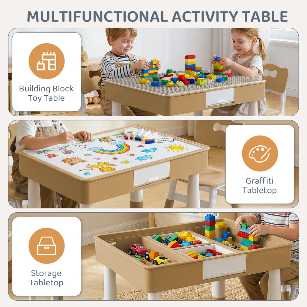 TLSUNNY Kids Table and 2 Chairs Set, W/ Double-Sided Graffiti/Building Blocks Activity Tabletop and 2 Drawers for Drawing/Playing/Reading, for Toddlers
