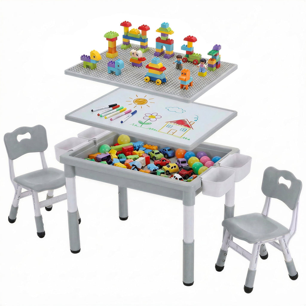 TLSUNNY Toddler Table and 2 Chairs Set, W/ Large Storage & Double-Sided Graffiti/Block Building Table Top, 4 Drawers, Height Adjustable