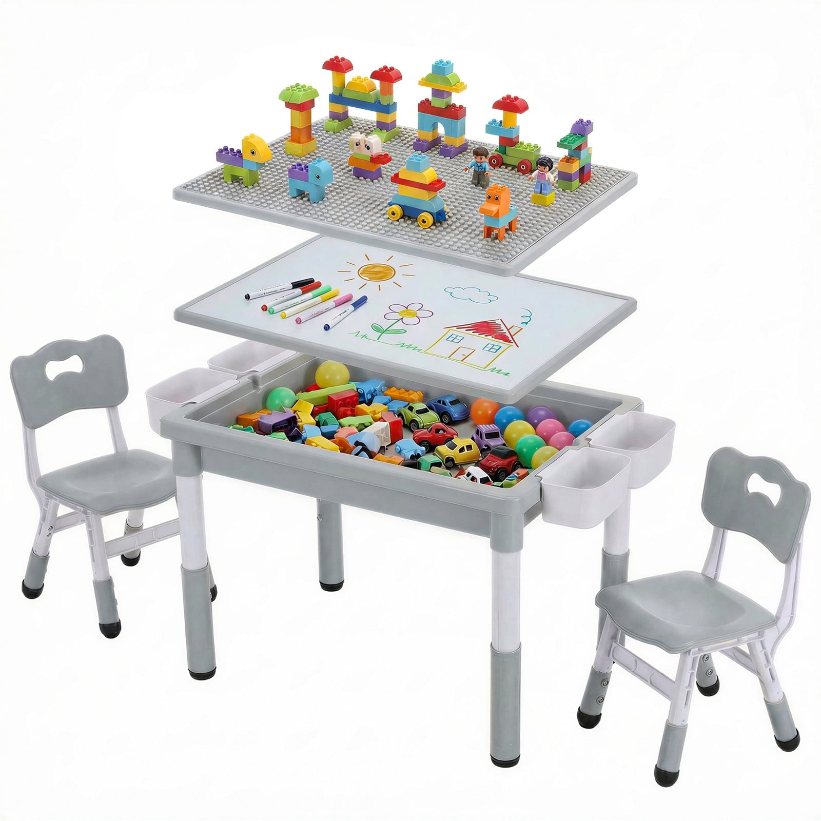 TLSUNNY Toddler Table and 2 Chairs Set, W/ Large Storage & Double-Sided Graffiti/Block Building Table Top, 4 Drawers, Height Adjustable