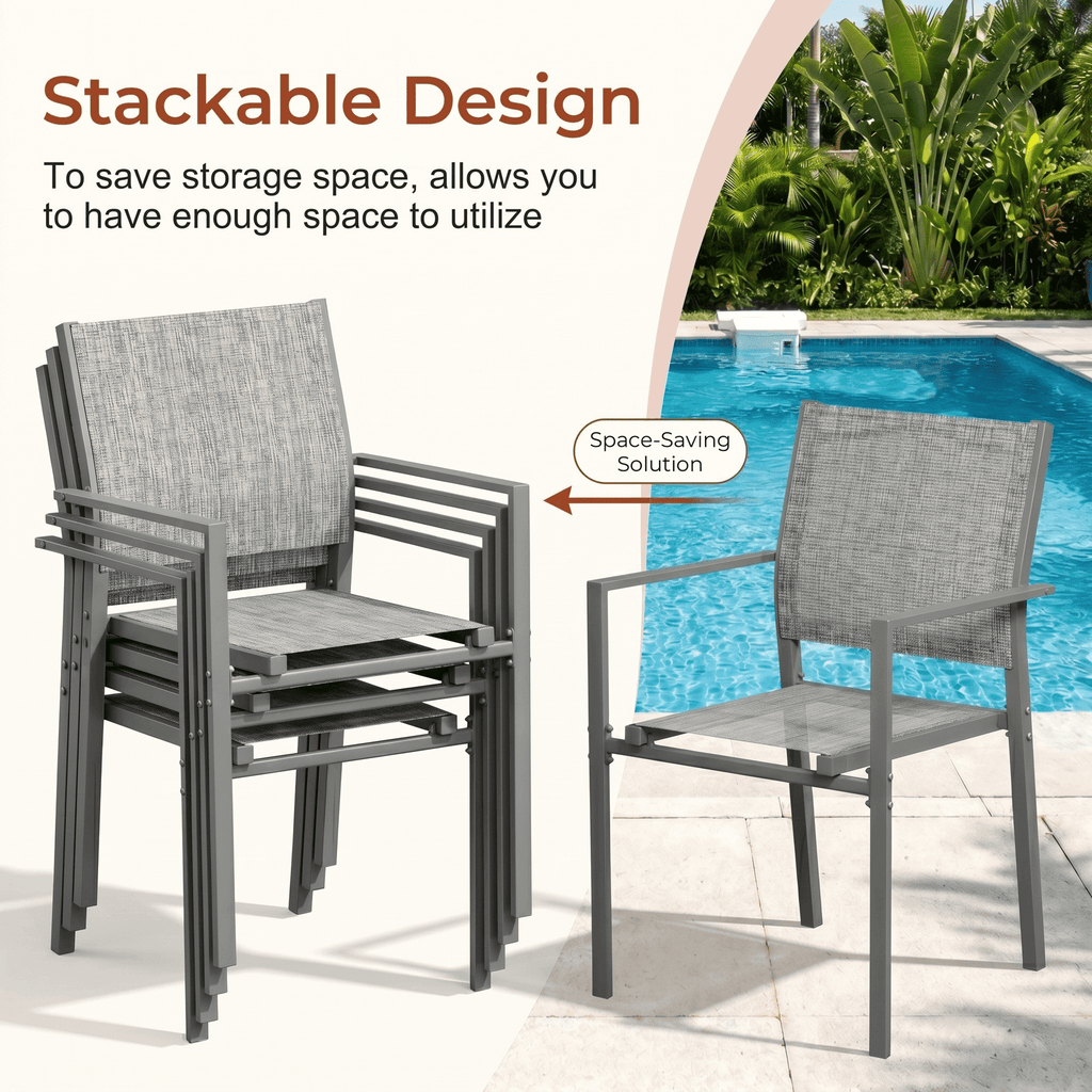 TLSUNNY Outdoor Table and Chairs Set for 4, Rectangular Glass Table W/ Umbrella Hole & 4 Textilene Stackable Chairs, Patio Dining Set for Garden, Backyard, Small Space