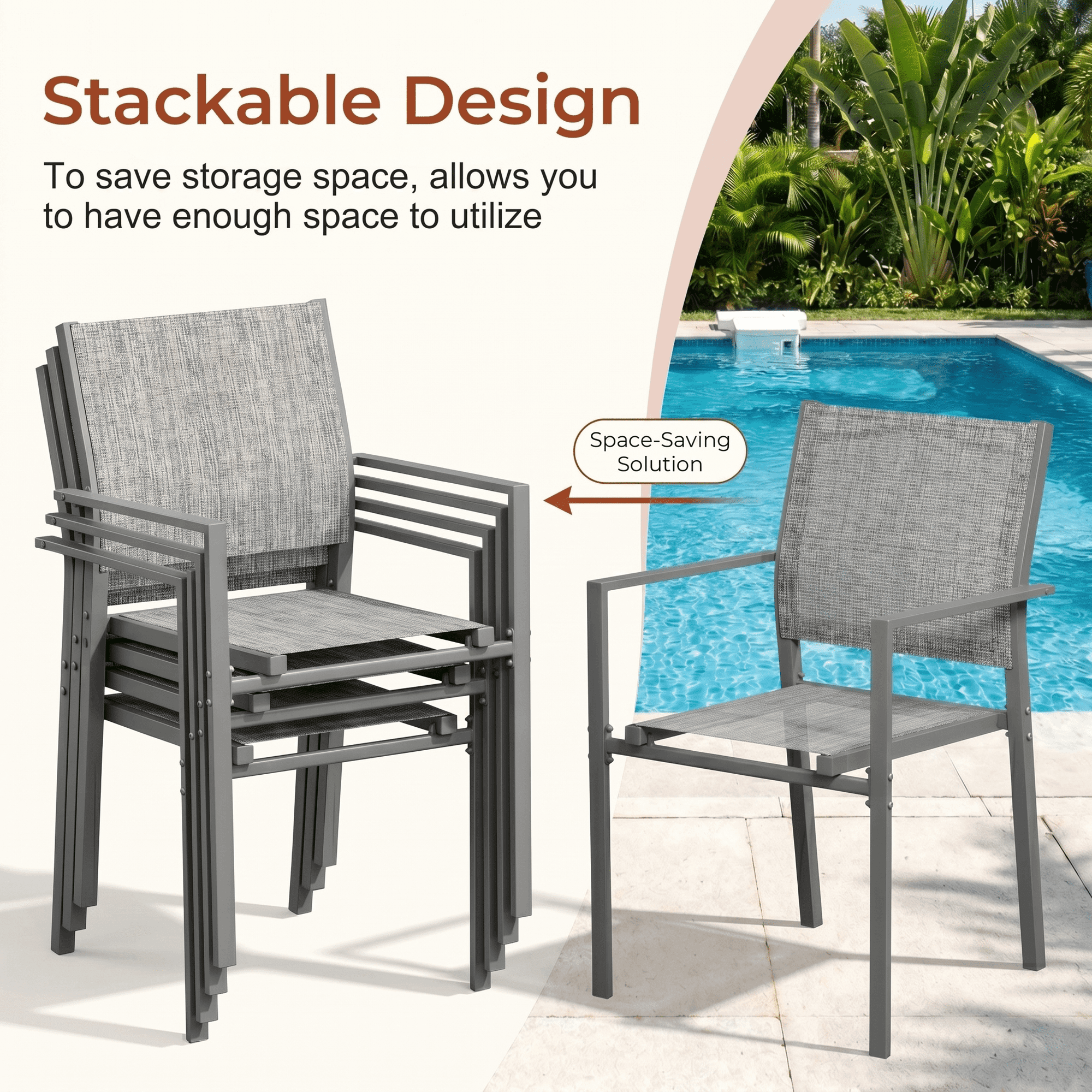 TLSUNNY Outdoor Table and Chairs Set for 4, Rectangular Glass Table W/ Umbrella Hole & 4 Textilene Stackable Chairs, Patio Dining Set for Garden, Backyard, Small Space