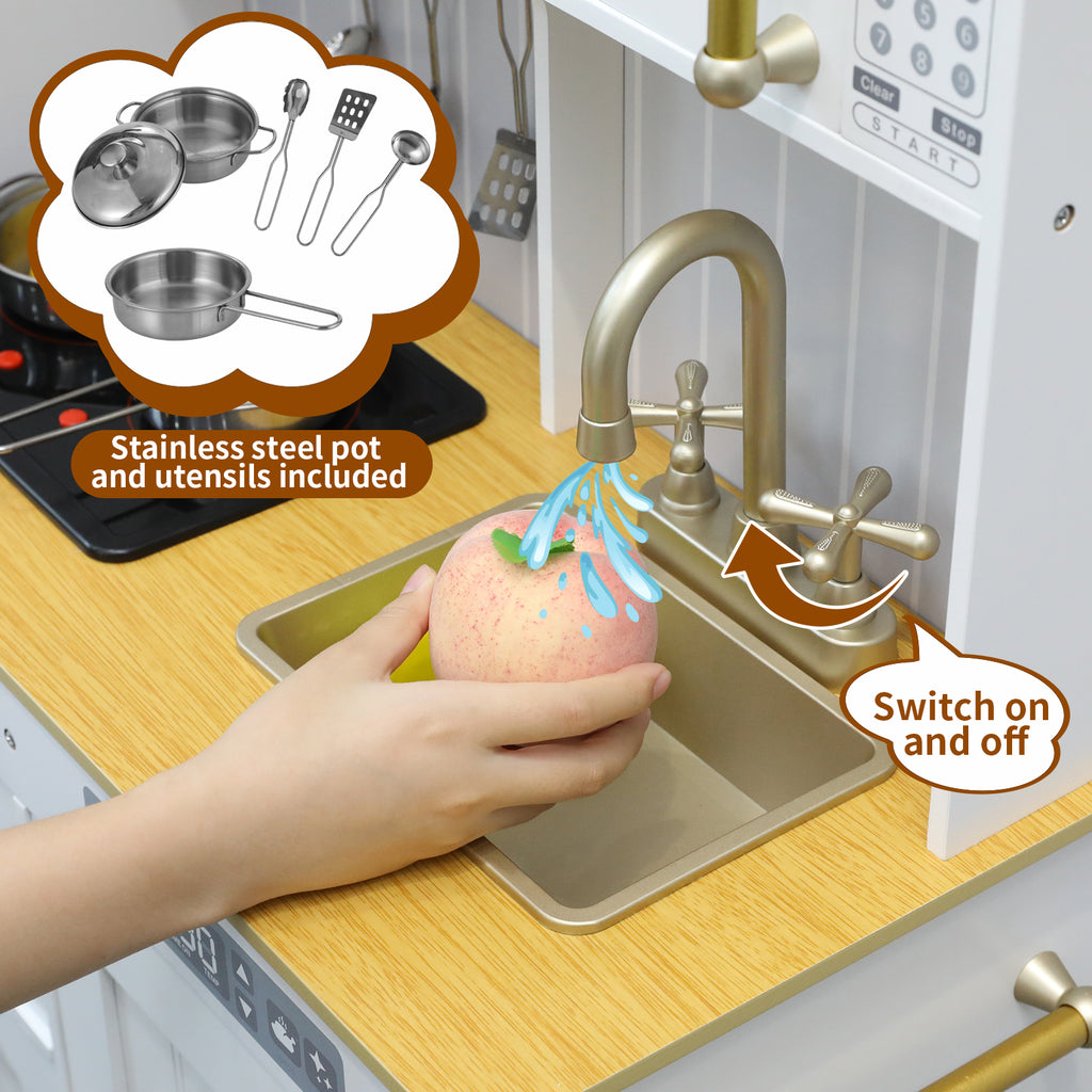 TLSUNNY Kids Play Kitchen, Wooden Kitchen Playset w/ Realistic Light & Sound and Cooking Accessories