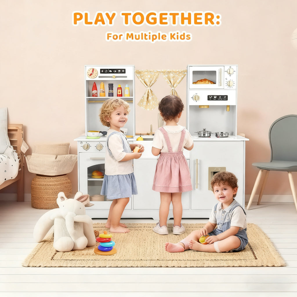 TLSUNNY Kids Play Kitchen with Realistic Lights & Sounds, Wooden Toy Pretend Play Kitchen Set w/ Sink, Faucet, Microwave, Curtain for Ages 3+