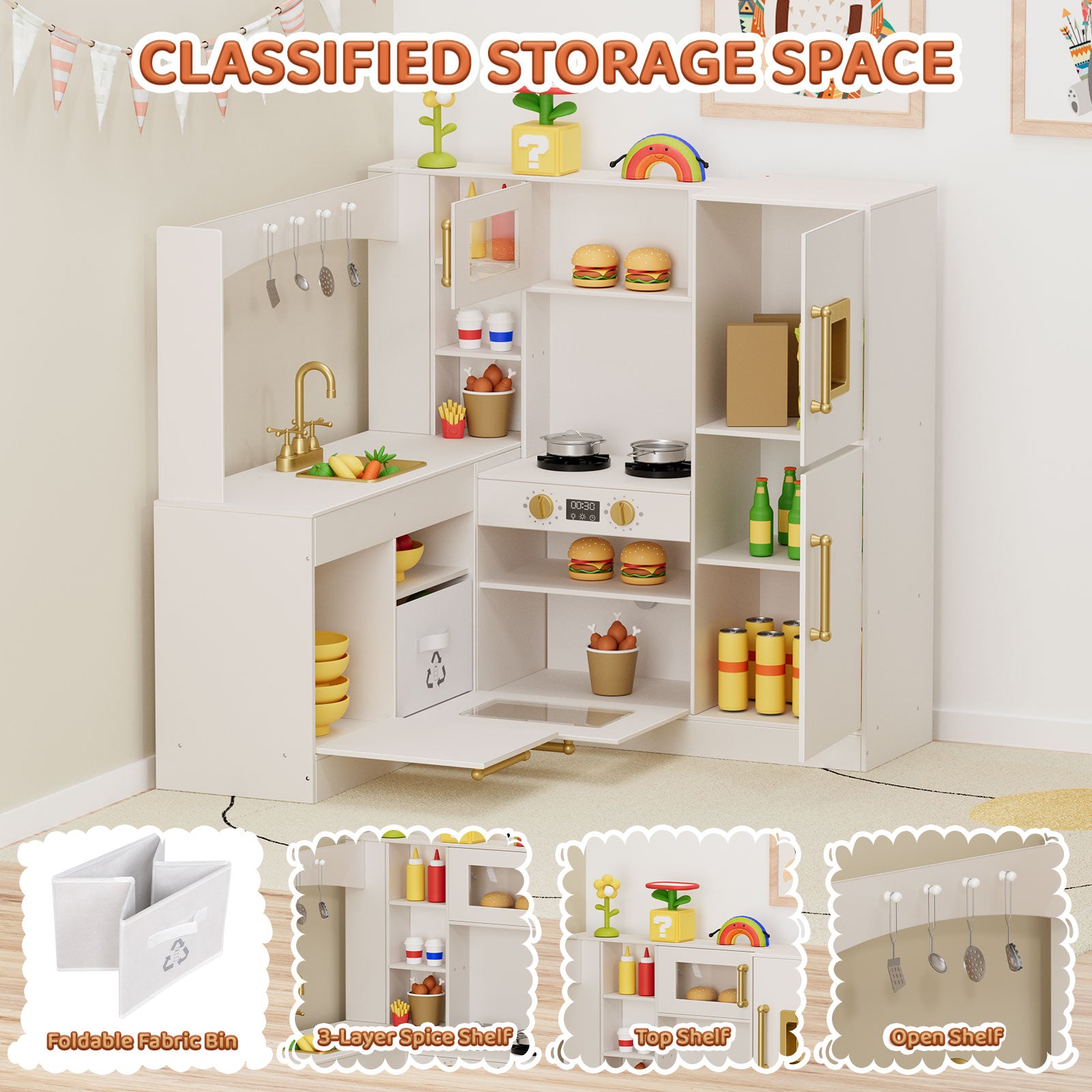 TLSUNNY Corner Play Kitchen with Lights & Sounds, Sink, Fridge, Microwave & Storage, Wooden Toddler Toy for Ages 3+