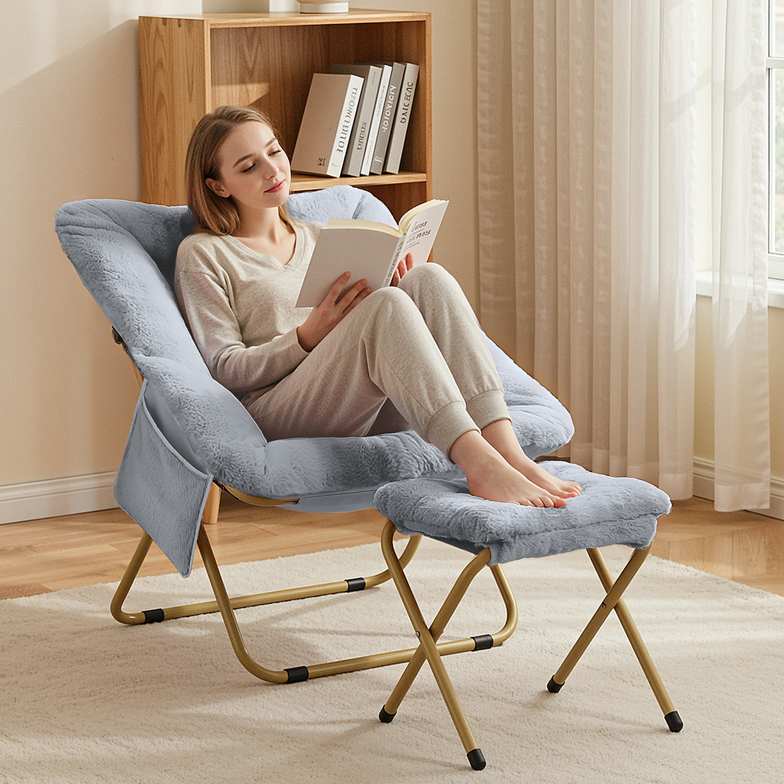 TLSUNNY Foldable Lazy Chair/Foldable Saucer Chair with Ottoman, Comfy Saucer Chair, Soft Faux Fur Reading Lounge Chair, for Living Room, Bedroom, Dorms, Teens Adults