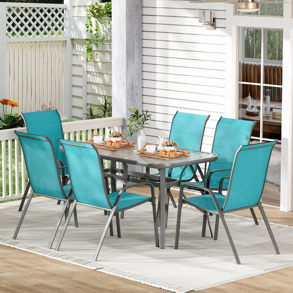 TLSUNNY Patio Table and 6 Chairs Set, Outdoor Furniture Set of 7, Widened Table w/ Umbrella Hole, Stackable Textilene Chairs, for Backyard, Porch, Garden