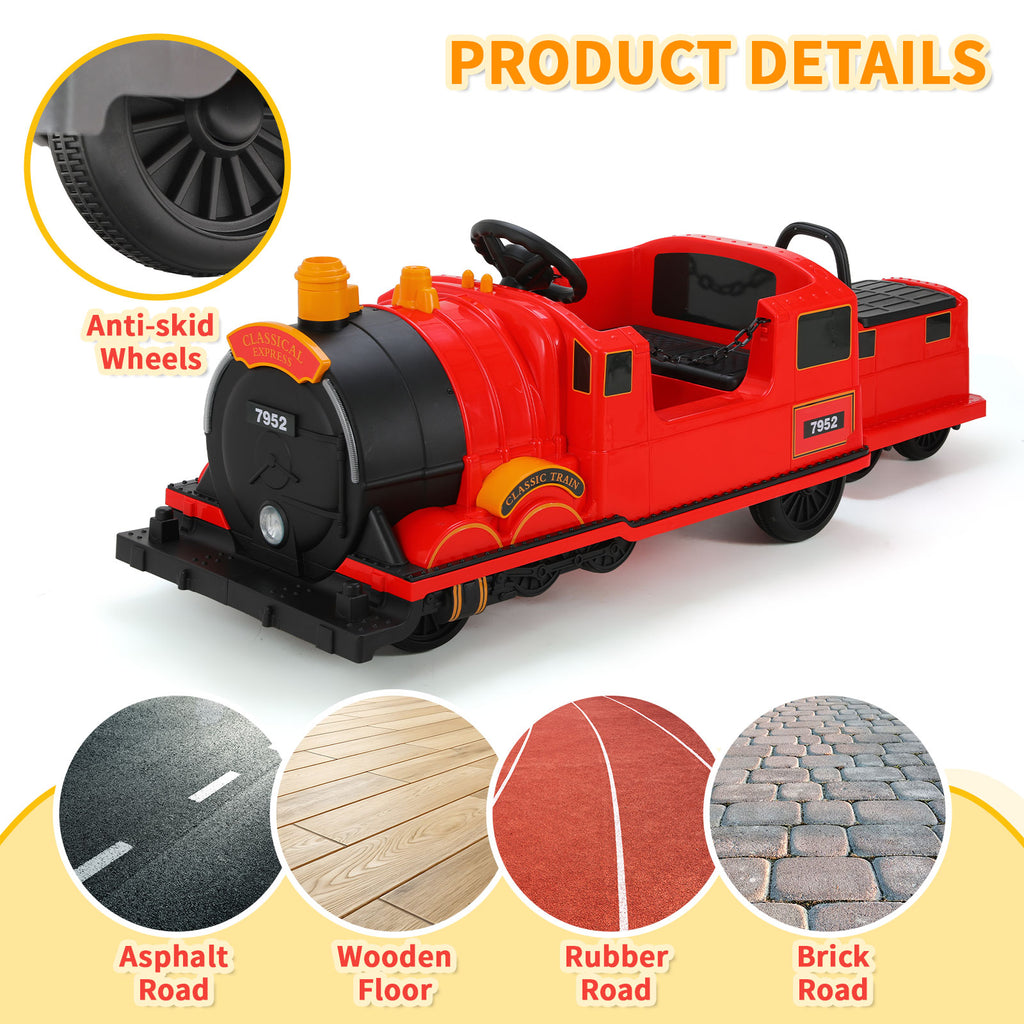 TLSUNNY Kids Ride On Train Trackless, 12V Kids Battery Powered Electric Train w/ Lights & Music, Detachable Carriage, Storage, for Toddlers