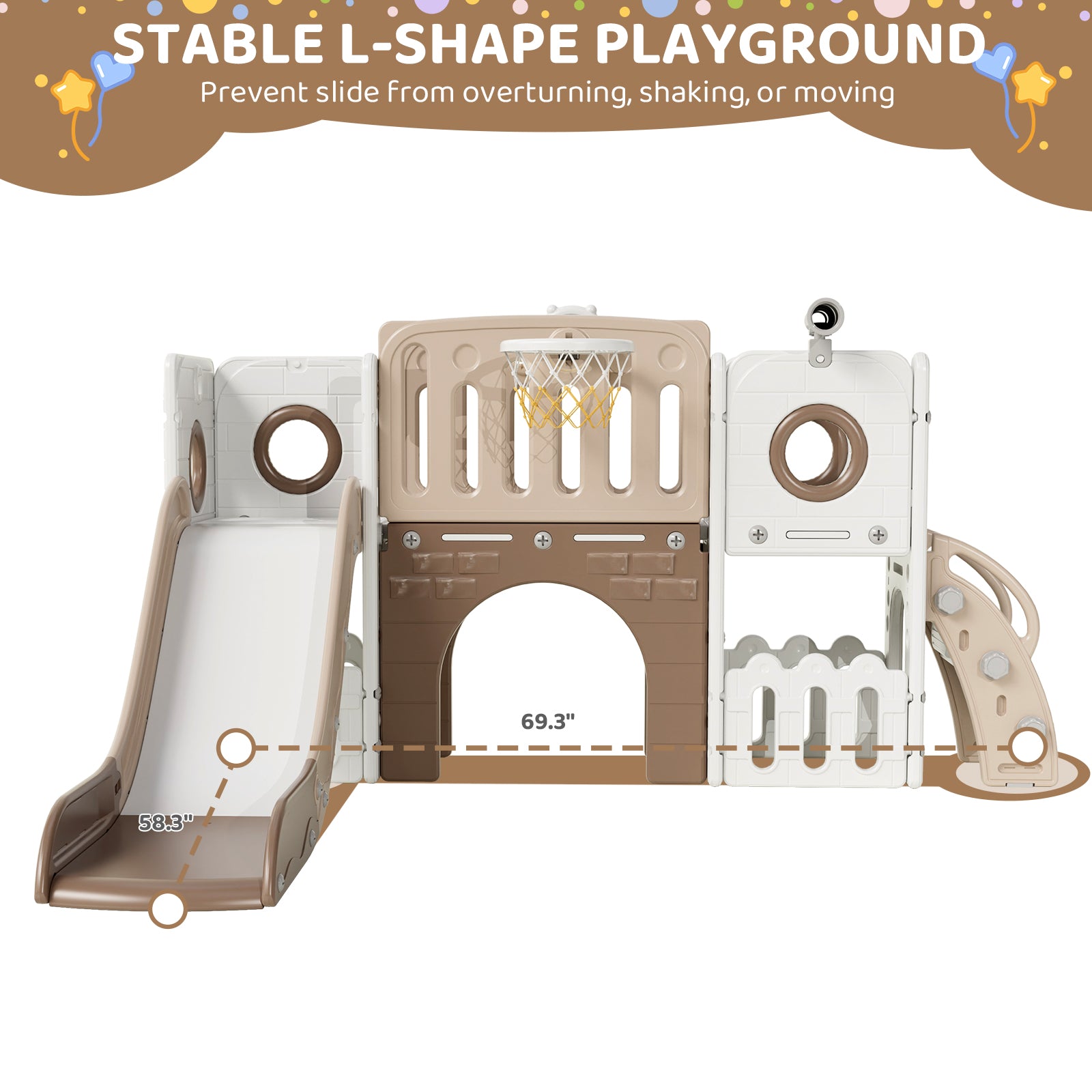 TLSUNNY 9-in-1 Kids Slide & Climber Set, with Basketball Hoop, Telescope & Tunnel, Indoor Outdoor Toddler Playset