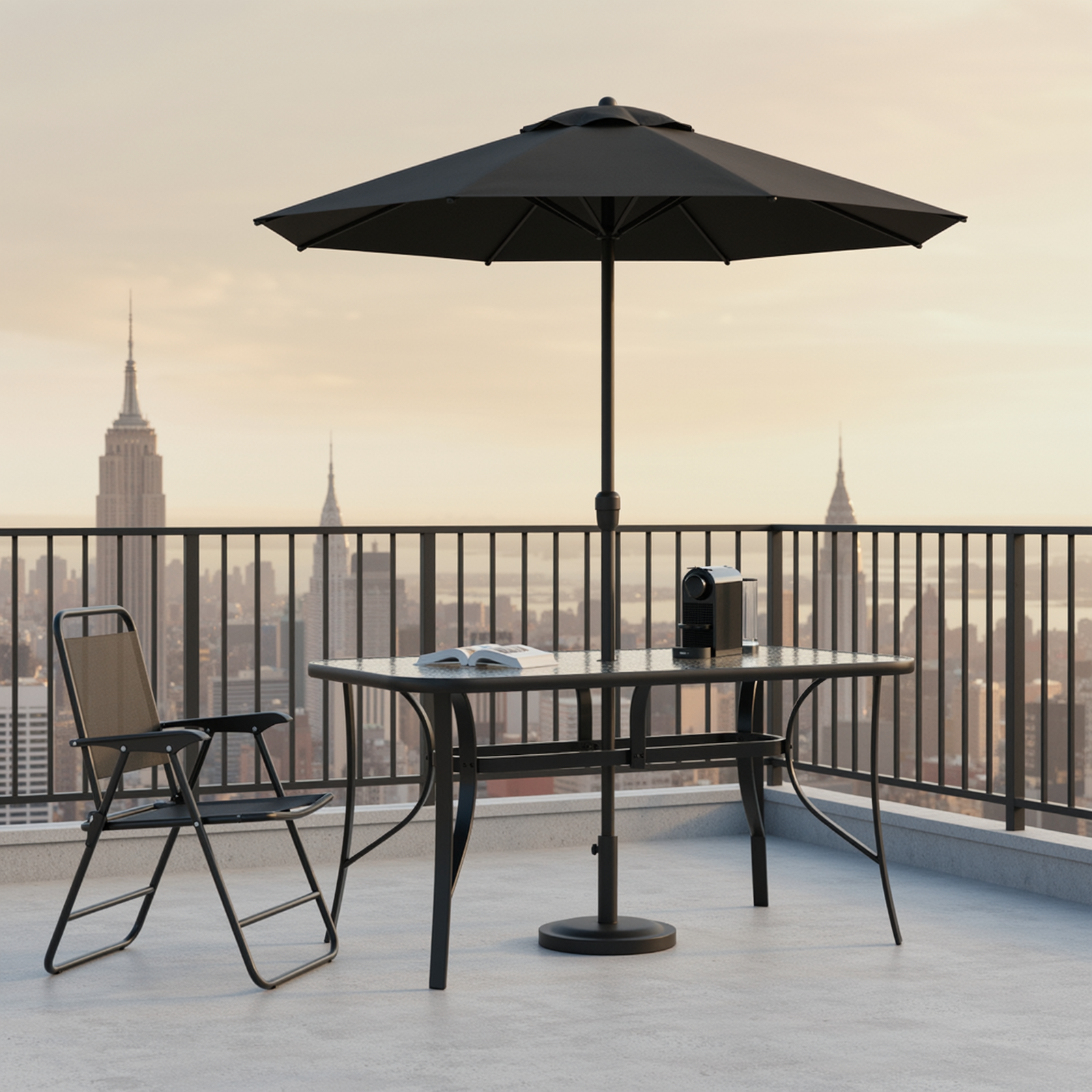 TLSUNNY Outdoor Dining Table with Umbrella Hole, Rectangular Glass Patio Table, Outdoor Metal Furniture for Outside, Garden, Balcony, Black