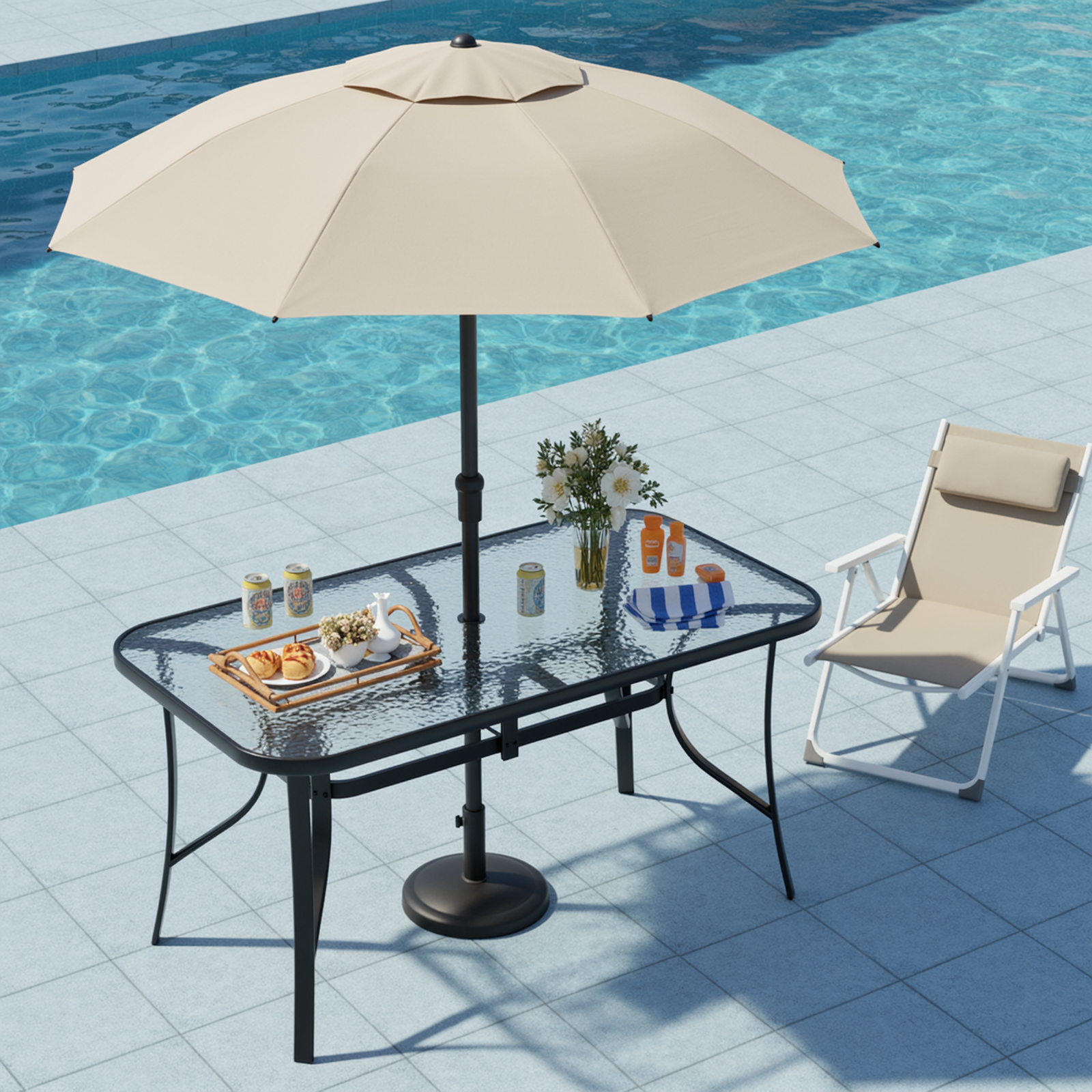 TLSUNNY Outdoor Dining Table with Umbrella Hole, Rectangular Glass Patio Table, Outdoor Metal Furniture for Outside, Garden, Balcony, Black