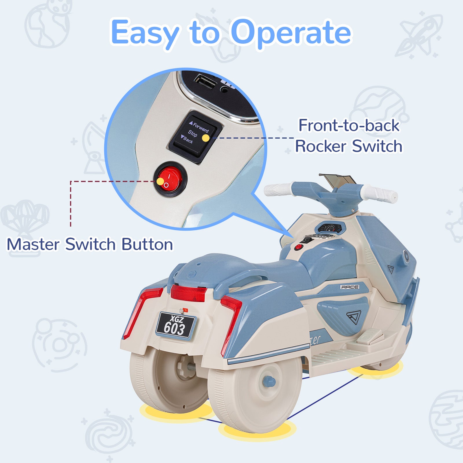 TLSUNNY Kids Ride-On Motorcycle, 6V Battery Powered with Non-Slip Tires & Sounds, Indoor/Outdoor Play Vehicle
