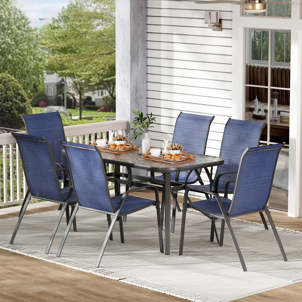 TLSUNNY Patio Table and 6 Chairs Set, Outdoor Furniture Set of 7, Widened Table w/ Umbrella Hole, Stackable Textilene Chairs, for Backyard, Porch, Garden