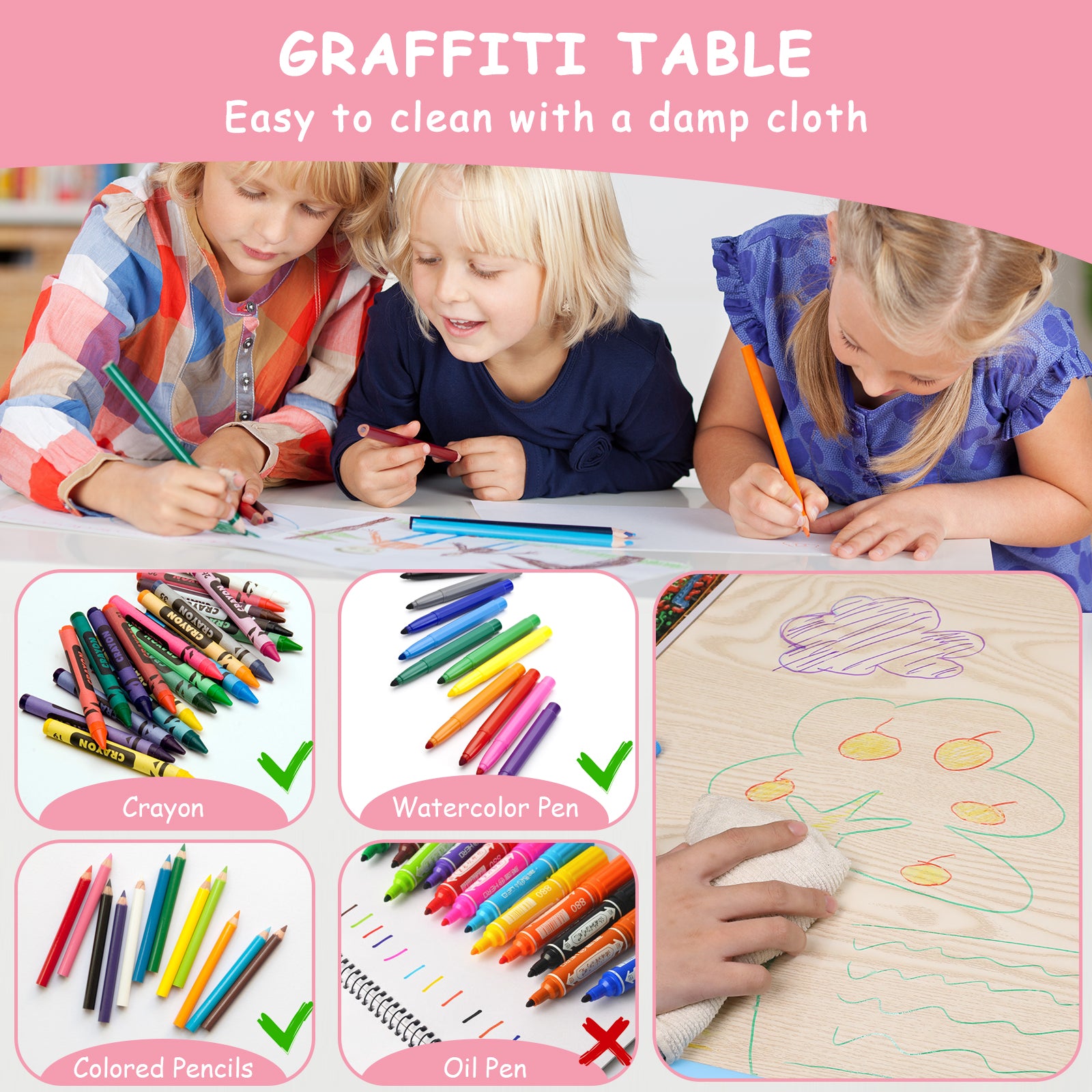 TLSUNNY Kids Table and 4 Chairs, Adjustable Height Childrens Activity Set with Graffiti Desktop & Anti-Slip Legs, for Daycare Classroom Home