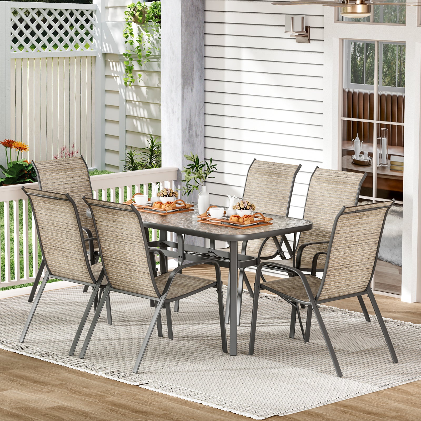 TLSUNNY Patio Table and 6 Chairs Set, Outdoor Furniture Set of 7, Widened Table w/ Umbrella Hole, Stackable Textilene Chairs, for Backyard, Porch, Garden