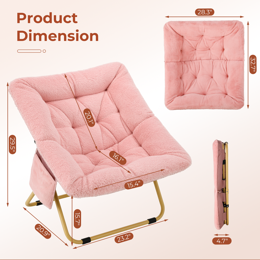 TLSUNNY Foldable Lazy Chair/Foldable Saucer Chair with Ottoman, Comfy Saucer Chair, Soft Faux Fur Reading Lounge Chair, for Living Room, Bedroom, Dorms, Teens Adults