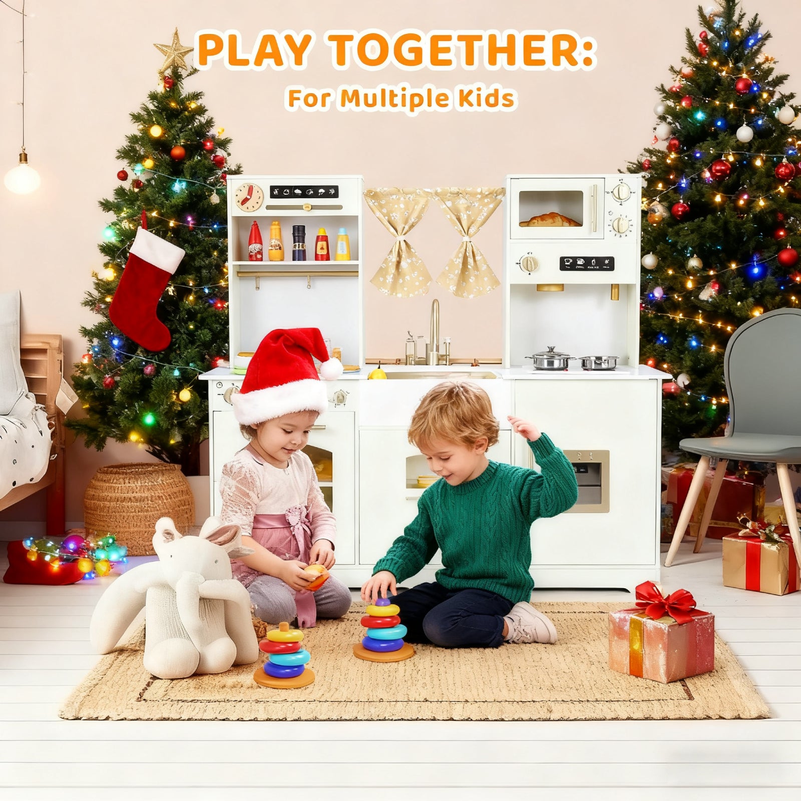 TLSUNNY Kids Play Kitchen with Realistic Lights & Sounds, Wooden Toy Pretend Play Kitchen Set w/ Sink, Faucet, Microwave, Curtain for Ages 3+