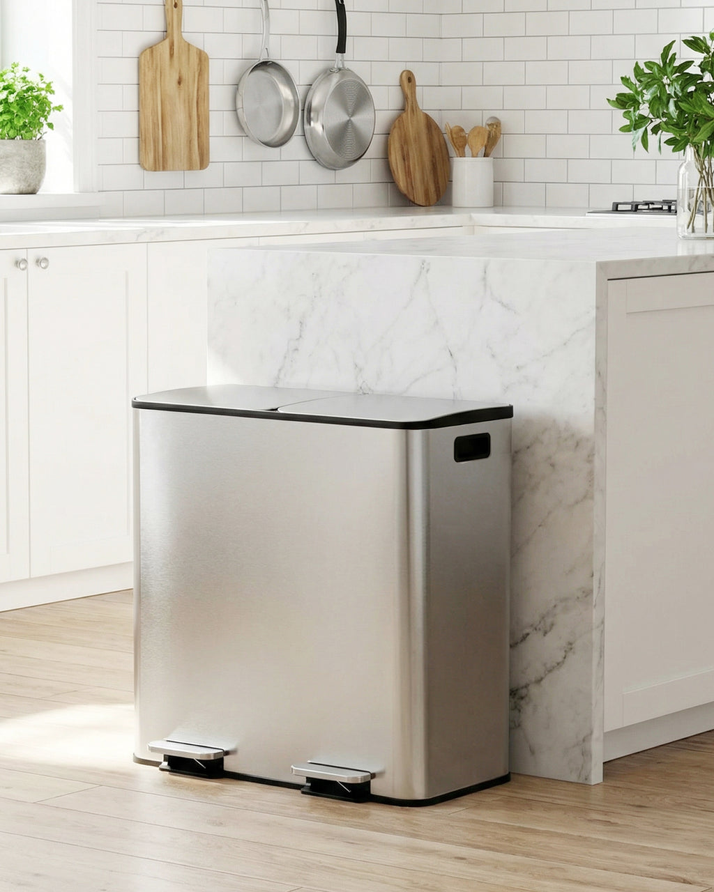 TLSUNNY 2 x 10.6 Gal Stainless Steel Double Trash Can with Odor-Control Box, Large Step-on Dual Garbage and Recycle Bin Combo, PP Inner Buckets, for Home