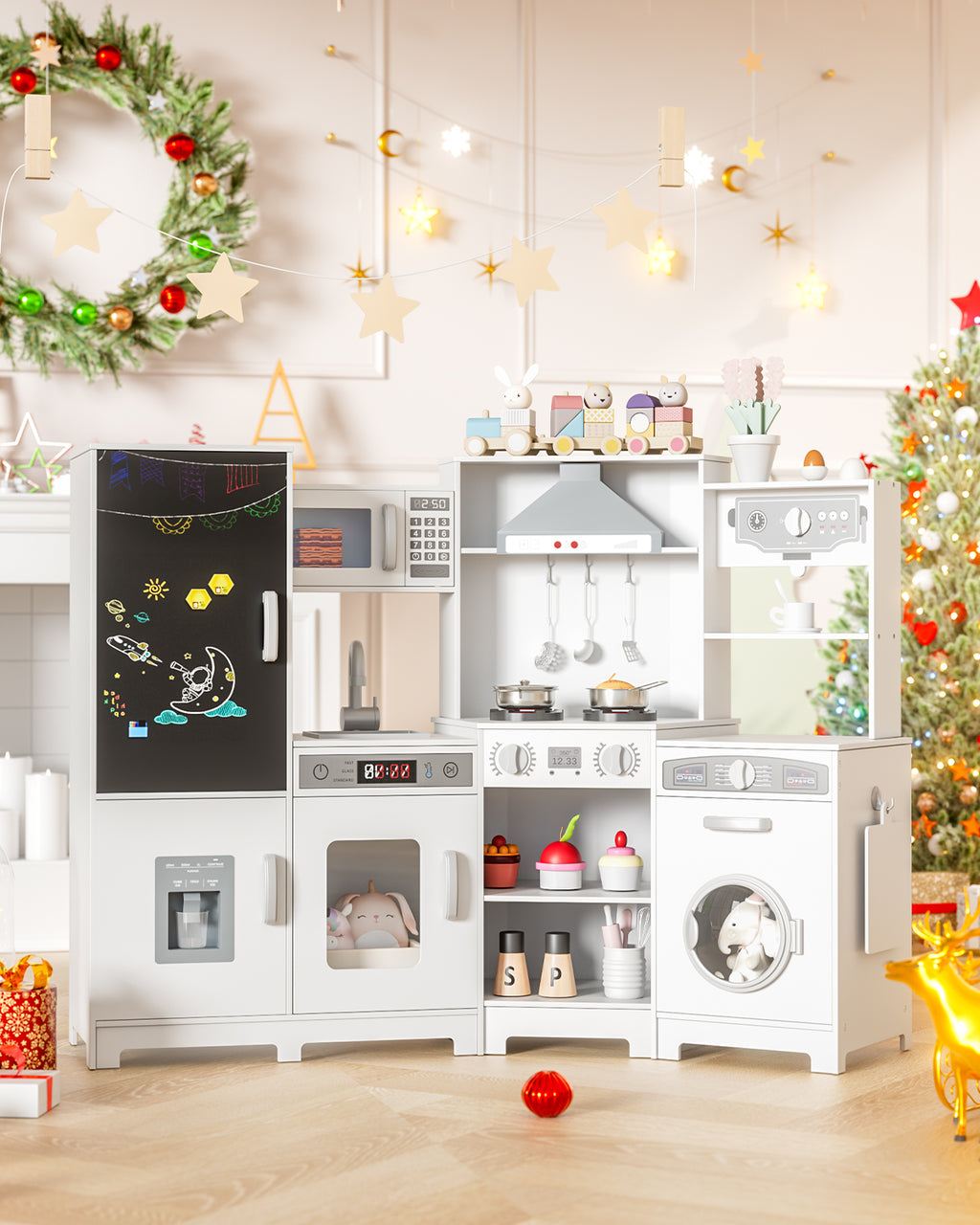 TLSUNNY Toddler Wooden Play Kitchen, with Chalk Board, Washer Dryer, Stove Sound & Range Hood, Cookware for Kids Ages 3+