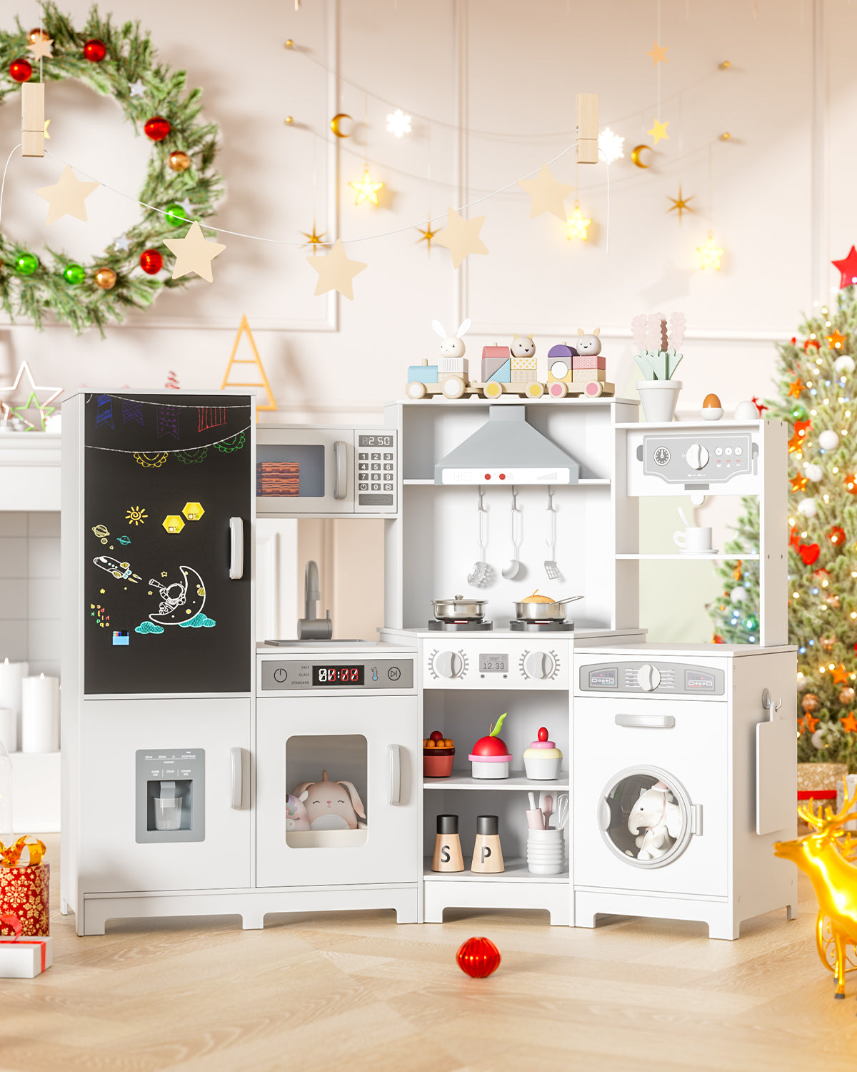 TLSUNNY Toddler Wooden Play Kitchen, with Chalk Board, Washer Dryer, Stove Sound & Range Hood, Cookware for Kids Ages 3+