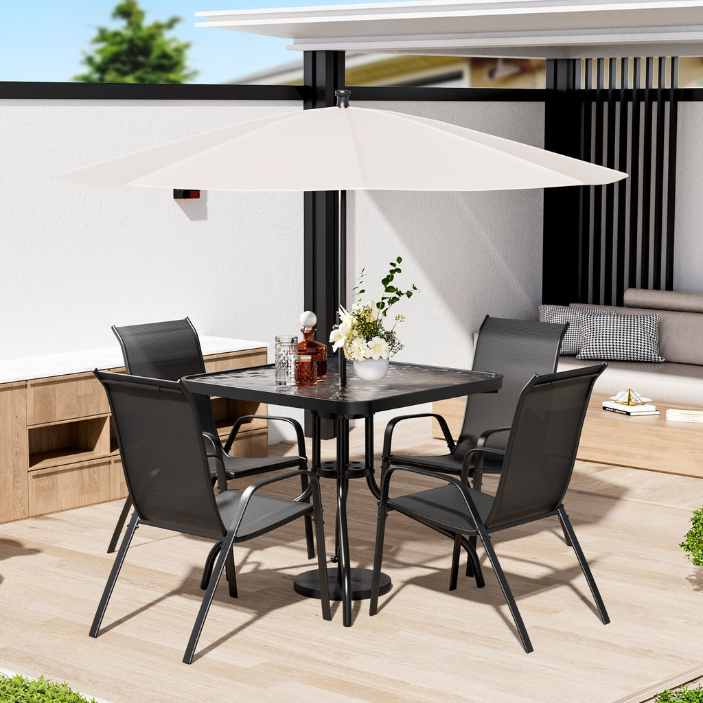 TLSUNNY Outdoor Dining Set of 5, Square Glass Top Table with Umbrella Hole and 4 Stackable Textilene Chairs, for Patio, Backyard, Porch, Lawn Use