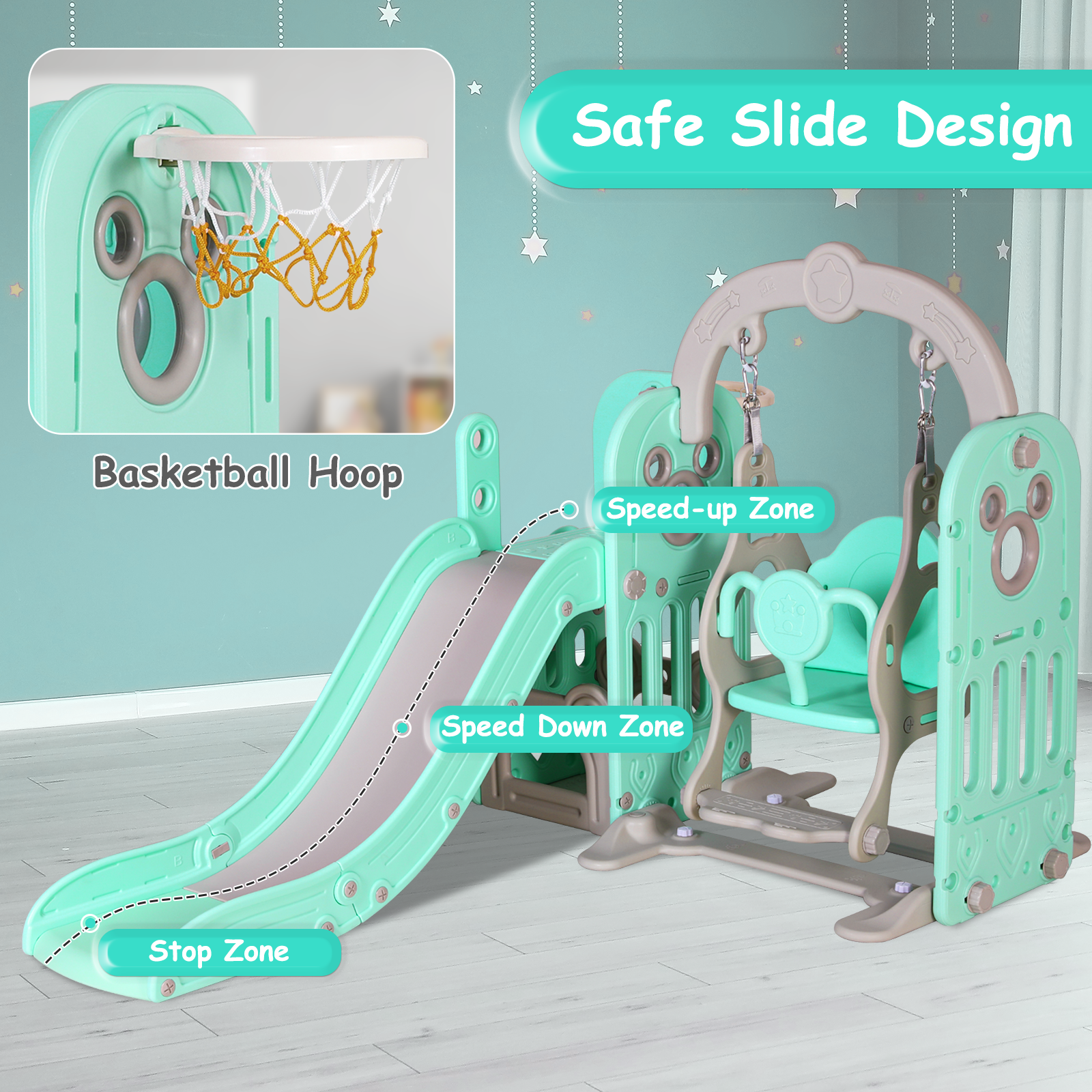 TLSUNNY 5-in-1 Kids Slide and Swing Set, Toddlers Slide & Climber with Basketball Hoop and Storage, for Indoor, Outdoor, Playground,Backyard