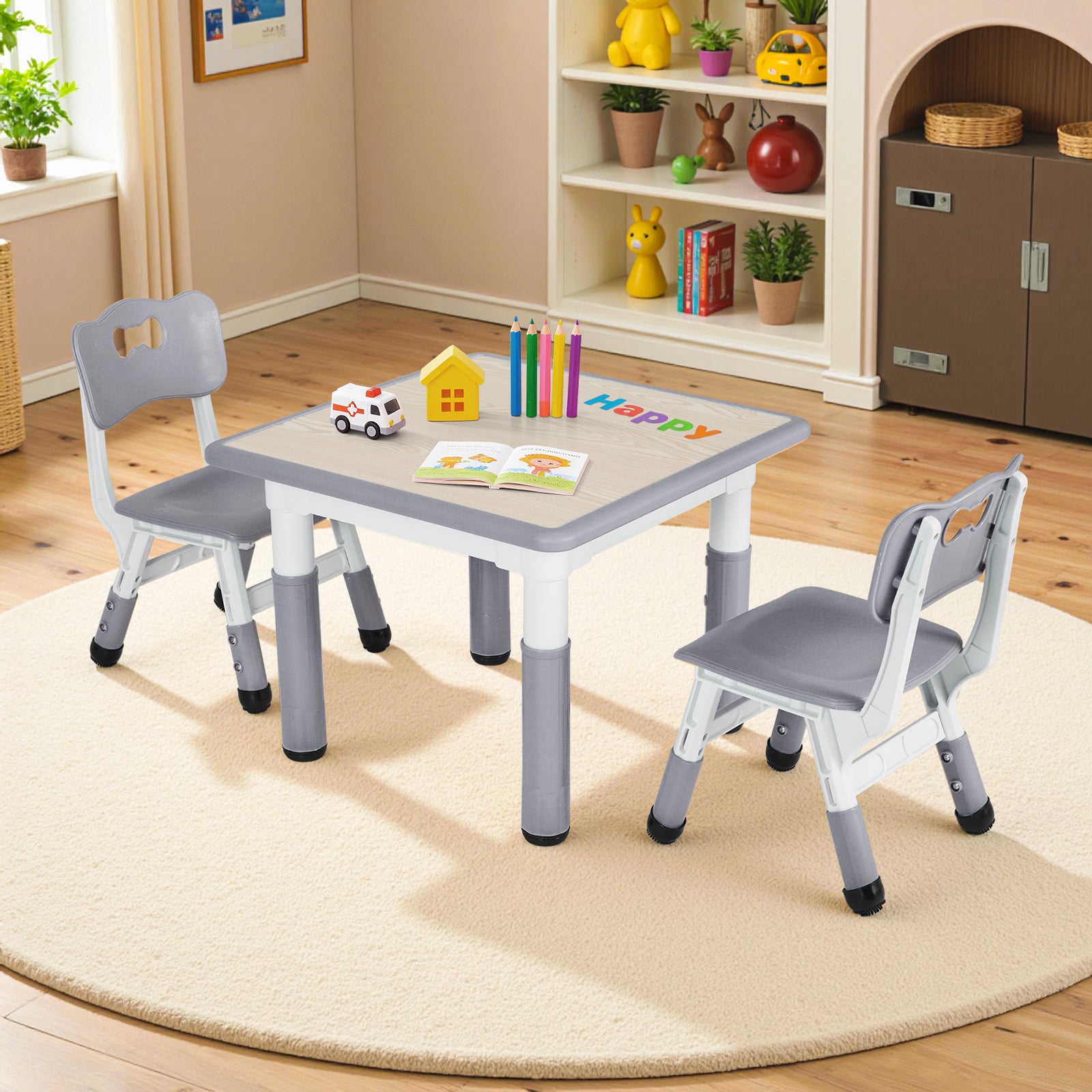 TLSUNNY Kids Table and 2 Chairs Set, Height Adjustable Toddler Play Activity Table Set with Graffiti Desktop, for Playroom, Daycare