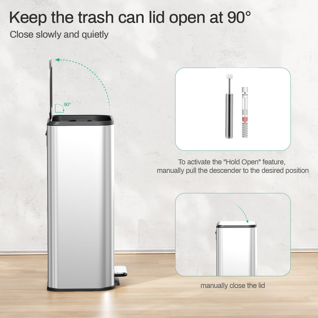 TLSUNNY 30/50L Square Step-On Trash Can, 8/13.2 Gal Fingerprint-Proof Stainless Steel Garbage Bin for Kitchen/Office