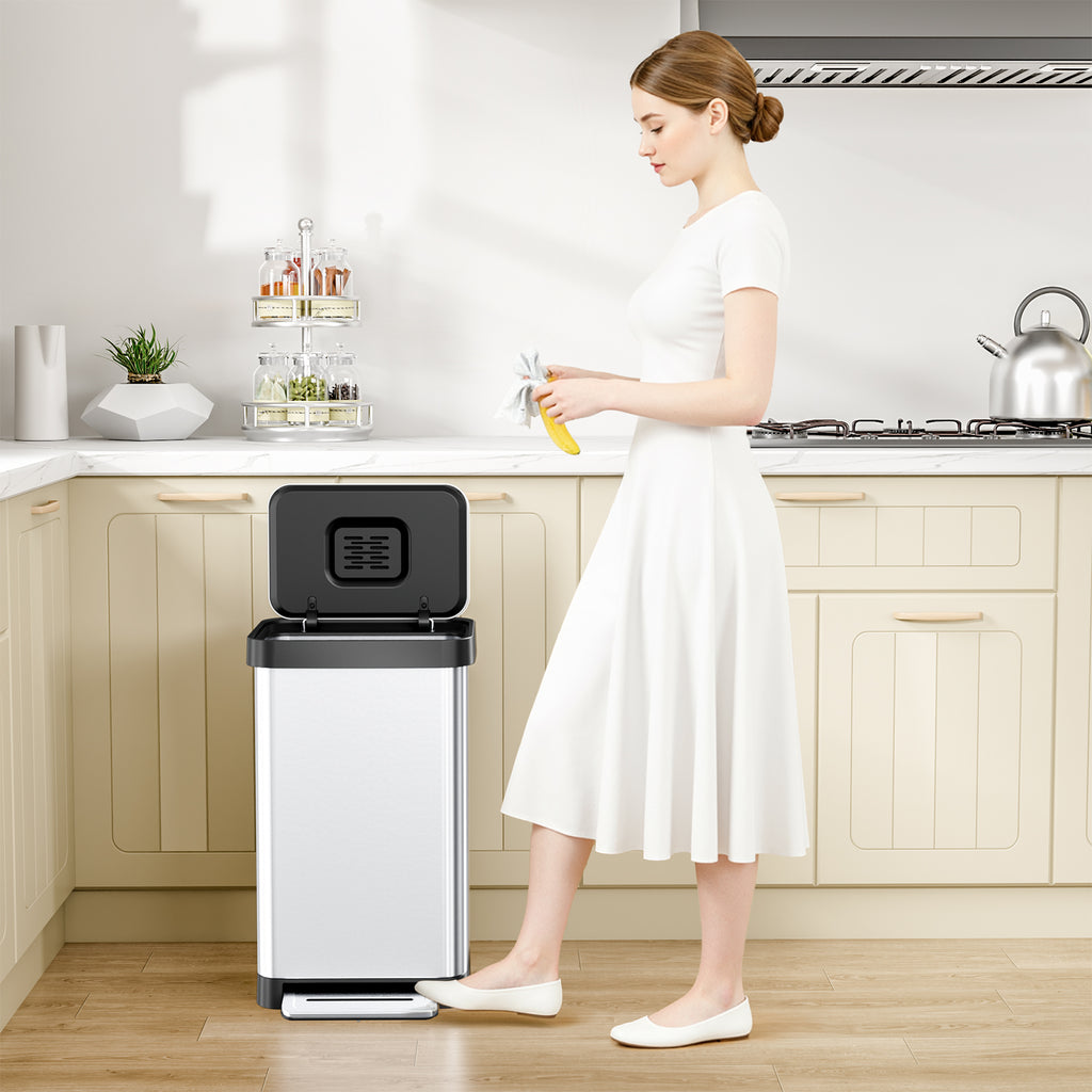 TLSUNNY 13.2 Gal Stainless Steel Trash Can, with 15 Trash Bags & Odor Control, Step-on Pedal Bin with Soft-Close Lid, No Inner Bucket, for Kitchen/Office