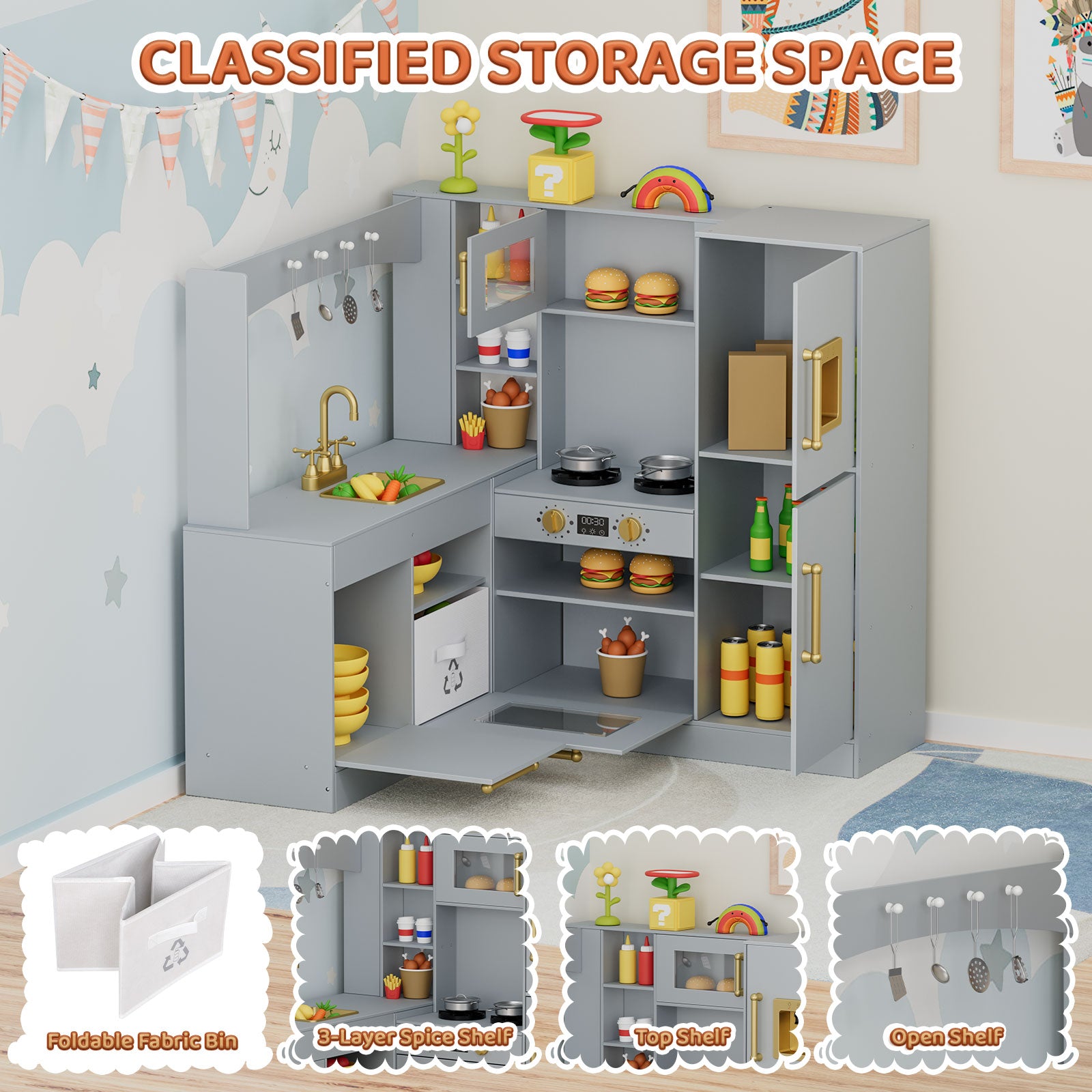 TLSUNNY Corner Play Kitchen with Lights & Sounds, Sink, Fridge, Microwave & Storage, Wooden Toddler Toy for Ages 3+