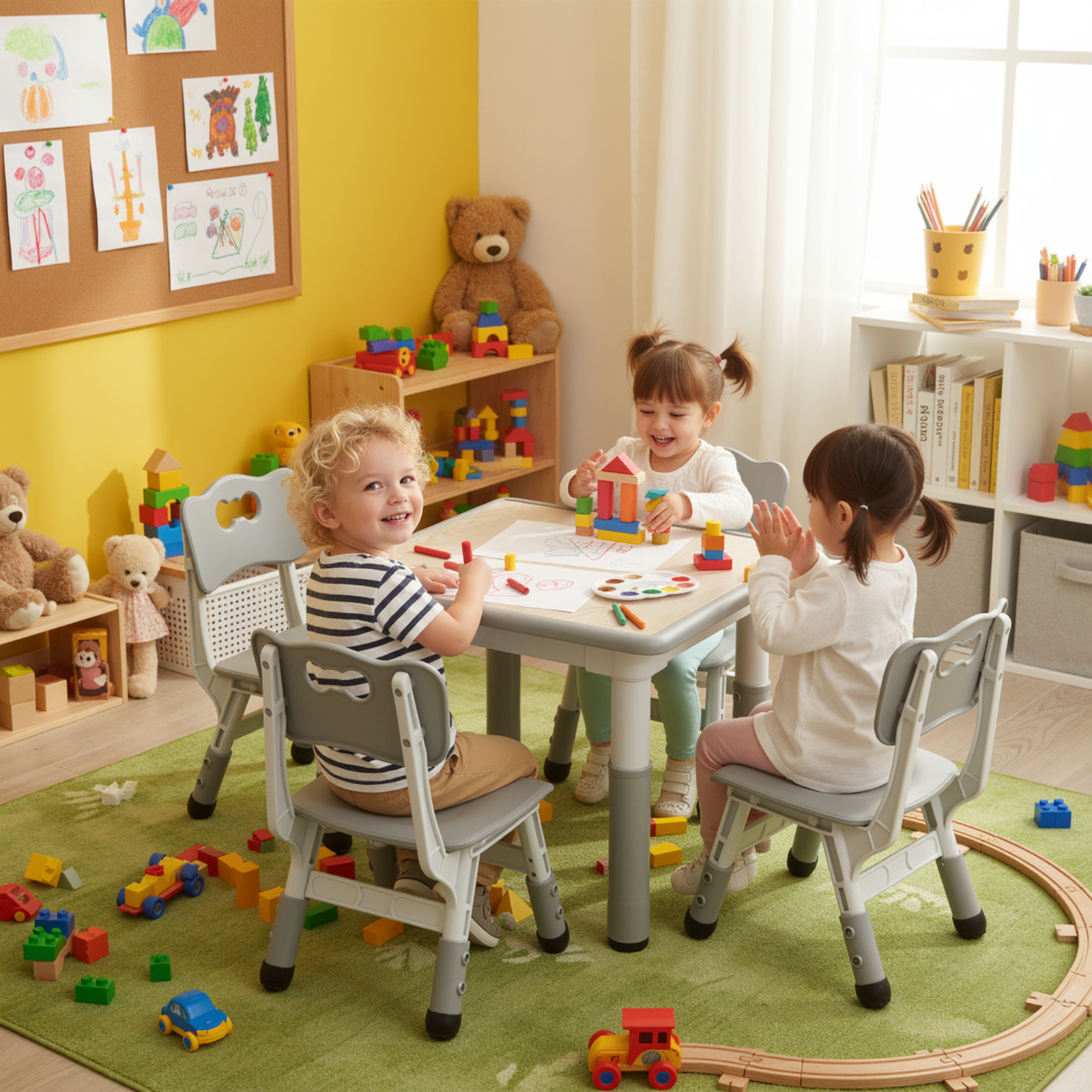 TLSUNNY Kids Table & 4 Chairs Set, Height Adjustable Children Activity Table Set for Ages 2-10, Gray
