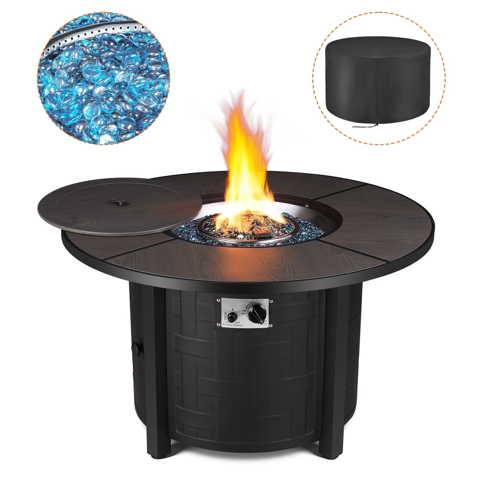 TLSUNNY 42‘’ Round Propane Fire Pit Table, 50,000 BTU Steel Firepit with Metal Lid, Waterproof Cover, Auto-Ignition, for Patio/Backyard