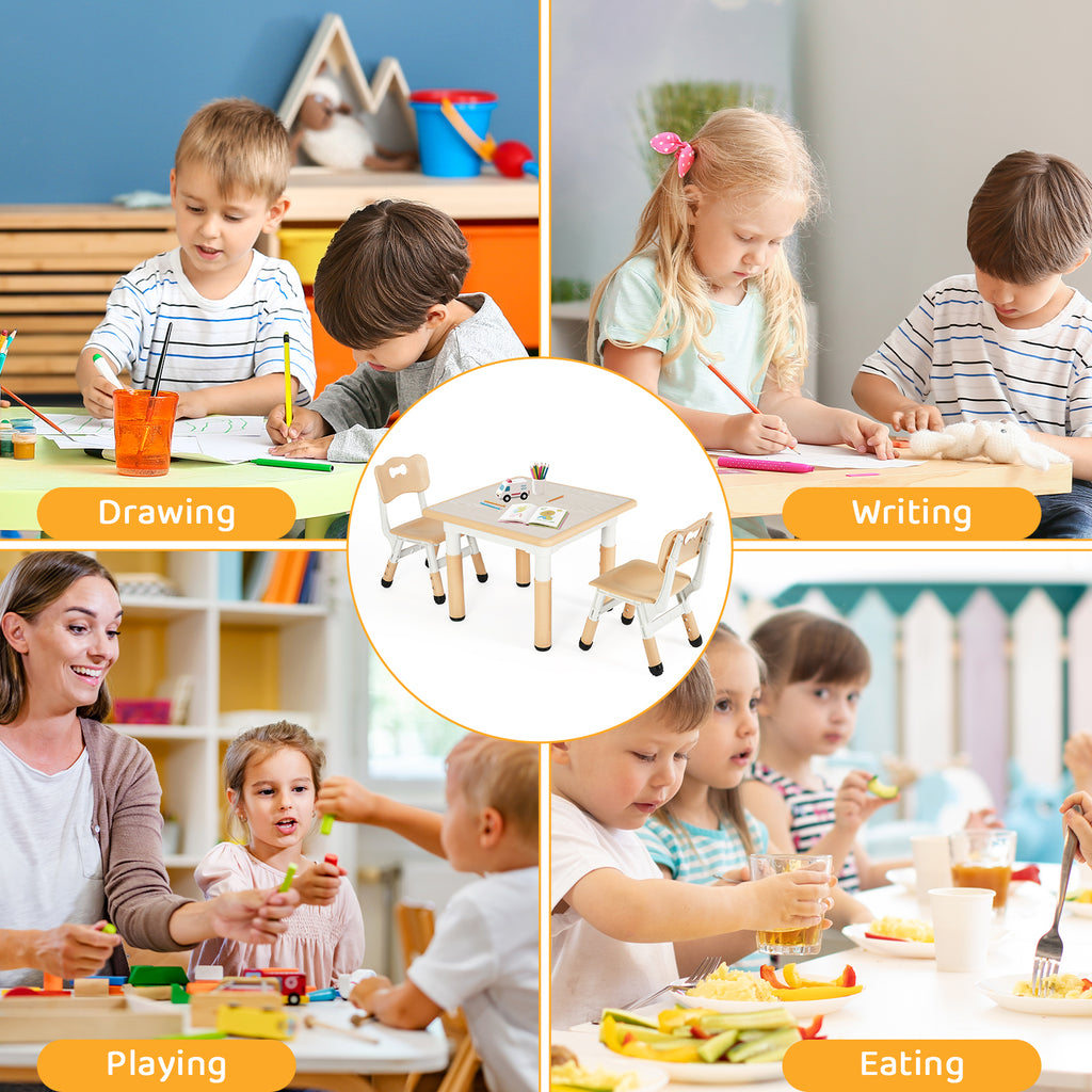 TLSUNNY Kids Table and 2 Chairs Set, Height Adjustable Toddler Play Activity Table Set with Graffiti Desktop, for Playroom, Daycare