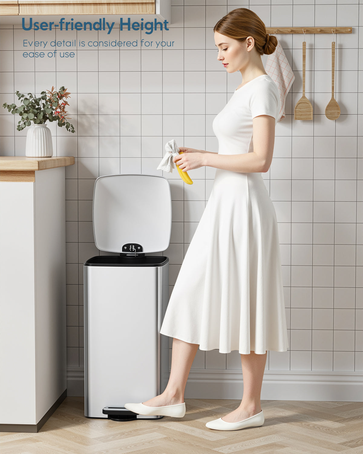 TLSUNNY 8 Gal/30L Square Trash Can, Fingerprint-Proof Stainless Steel Step Garbage Bin, Soft-Close Lid & Removable Bucket for Kitchen, Office, Home