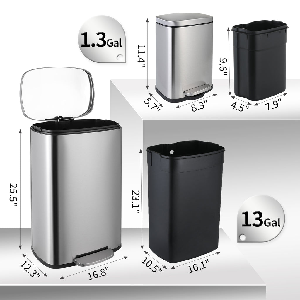 TLSUNNY 13.2 + 1.3 Gallon Kitchen Trash Can Combo, Stainless Steel Step Trash Can Set with Soft-Close Lid & Inner Bucket, for Home / Office