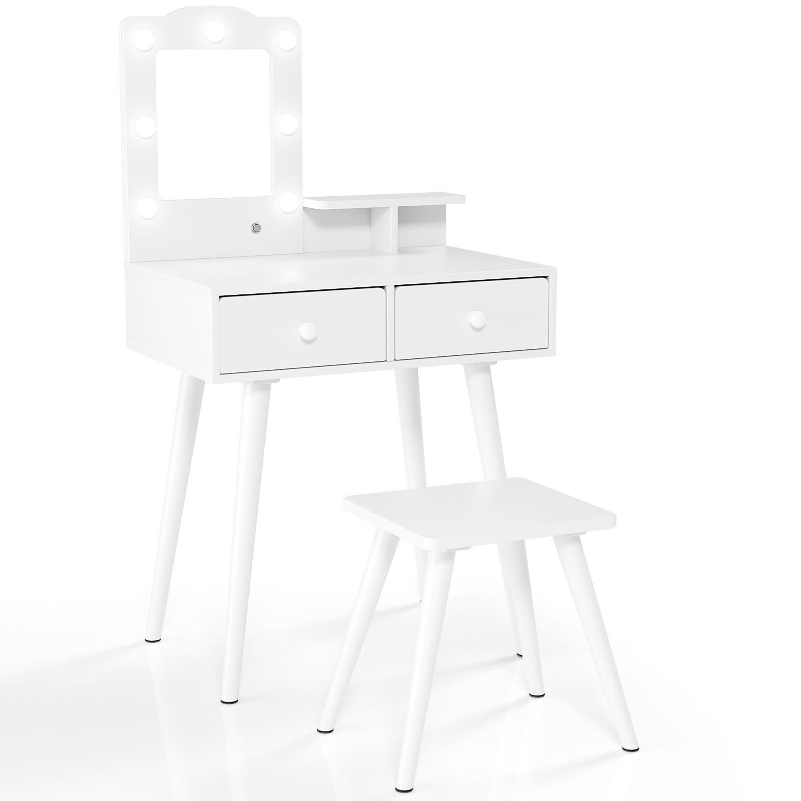 TLSUNNY Toddler Princess Vanity Set with Lights, Wooden Makeup Table and Chair with Mirror and 2 Storage Drawers, Gift for Little Girls